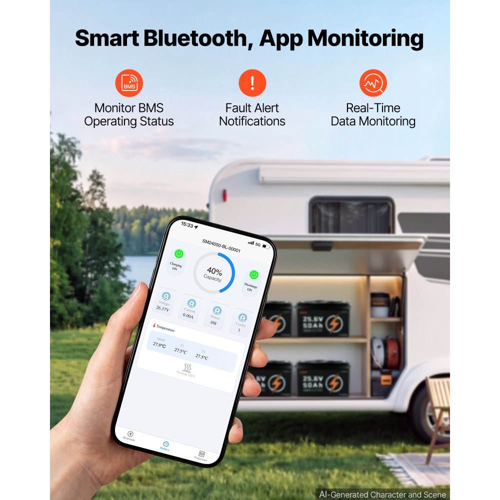 VEVOR Batería de Litio LiFePO4 24V 50Ah Más de 4000 Ciclos con Bluetooth, Protección Contra Bajas Temperaturas, Corriente de Carga Máxima 50A, Compatible con Conexión 8P2S, para Vehículos Recreativos