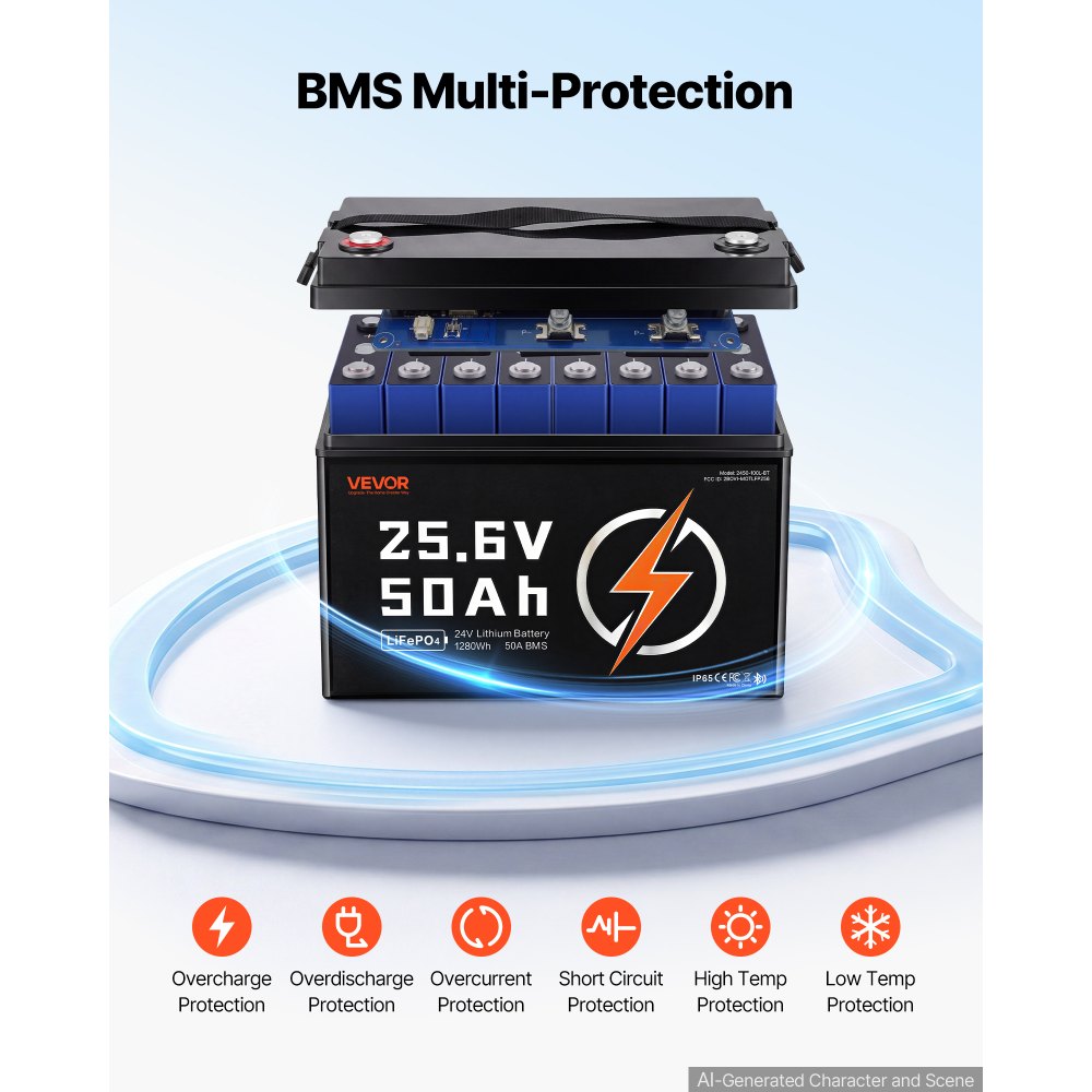 VEVOR Batería de Litio LiFePO4 24V 50Ah Más de 4000 Ciclos con Bluetooth, Protección Contra Bajas Temperaturas, Corriente de Carga Máxima 50A, Compatible con Conexión 8P2S, para Vehículos Recreativos
