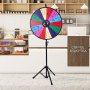 The VEVOR 61 cm wheel of fortune, weighing 4.3 kg, features a flexible, height-adjustable stand, 14 customizable color prize slots, and personalized customization; you can add your own text.