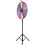 The VEVOR 61 cm wheel of fortune, weighing 4.3 kg, features a flexible, height-adjustable stand, 14 customizable color prize slots, and personalized customization; you can add your own text.