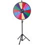 The VEVOR 61 cm wheel of fortune, weighing 4.3 kg, features a flexible, height-adjustable stand, 14 customizable color prize slots, and personalized customization; you can add your own text.