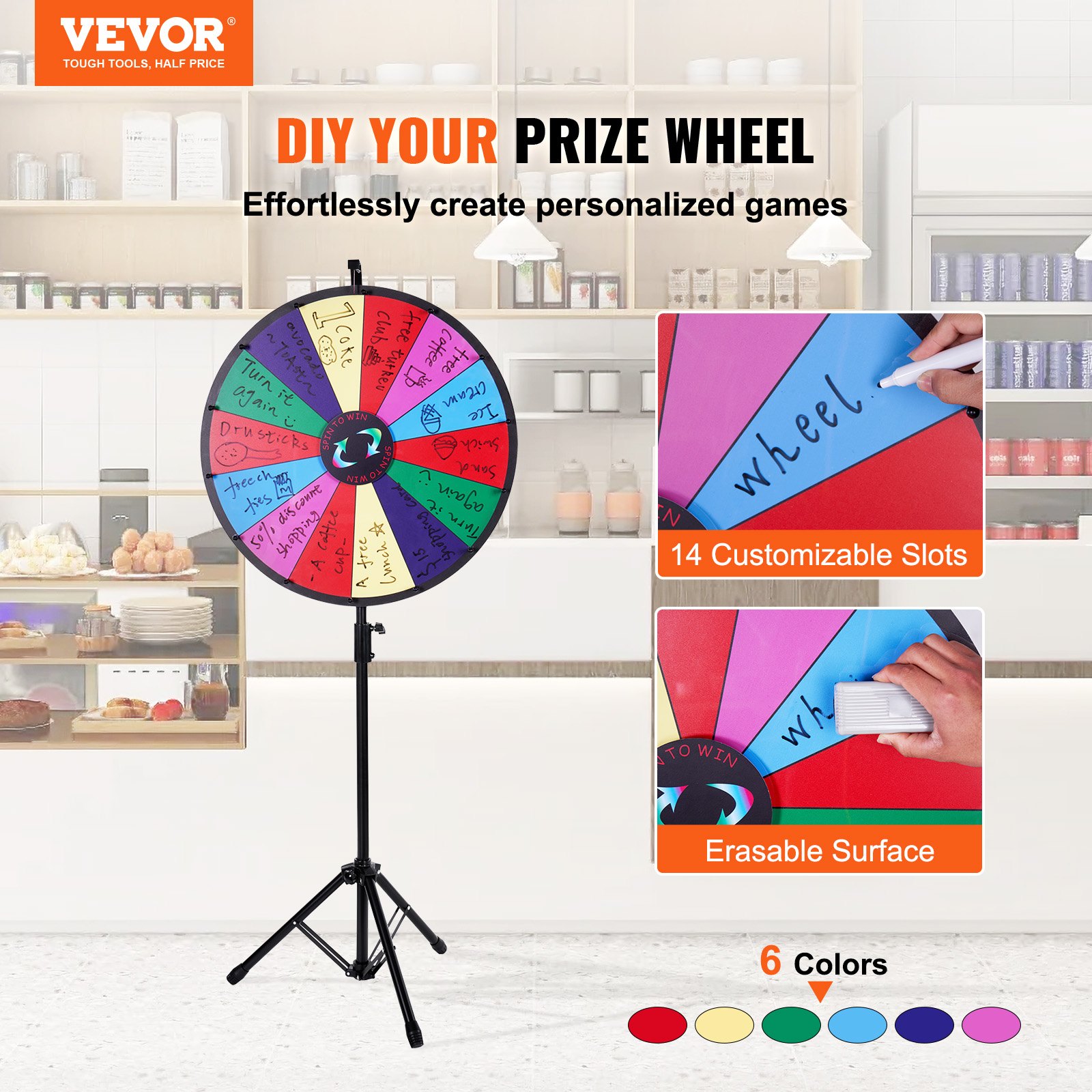 The VEVOR 61 cm wheel of fortune, weighing 4.3 kg, features a flexible, height-adjustable stand, 14 customizable color prize slots, and personalized customization; you can add your own text.