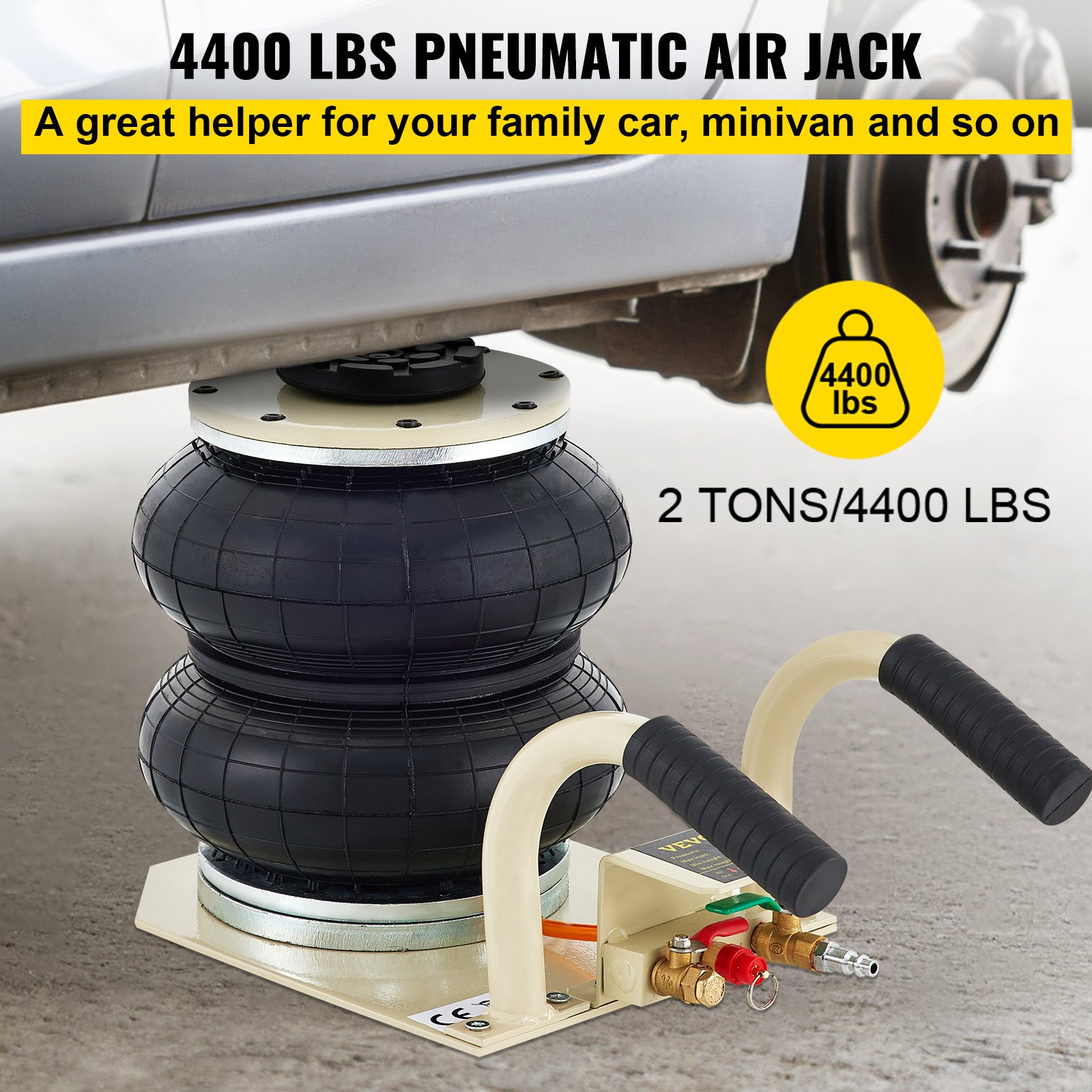 VEVOR Gato Neumático 2T, Gato Neumático con Doble Bolsas, Gato Neumático de Aire, Gatos Hidráulicos para Coches, Rango de Altura 15-40cm, Gato Neumático para Automóvil SUV de Todo El Terreno