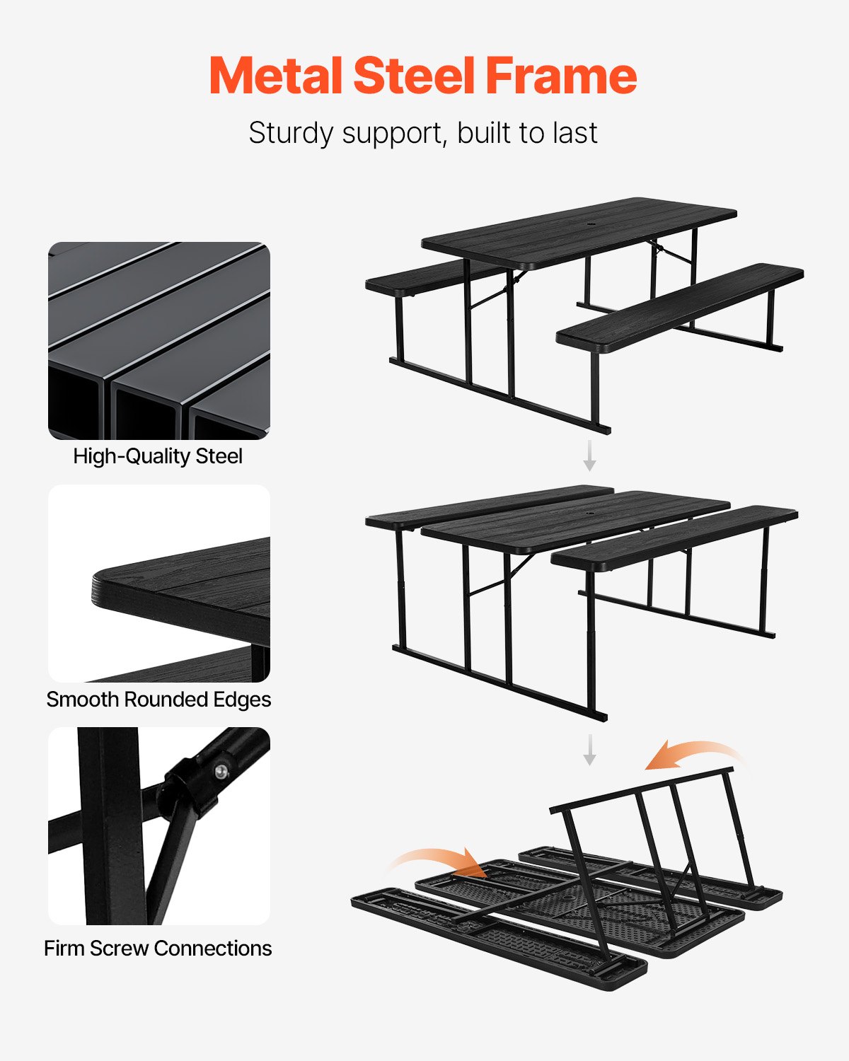VEVOR Folding Picnic Table (150 kg Load Capacity Tabletop) with 2 Benches, Steel Outdoor Bench Set with Parasol Hole, Foldable Portable Dining Table for Patio, Garden, Yard, Pool (Black)