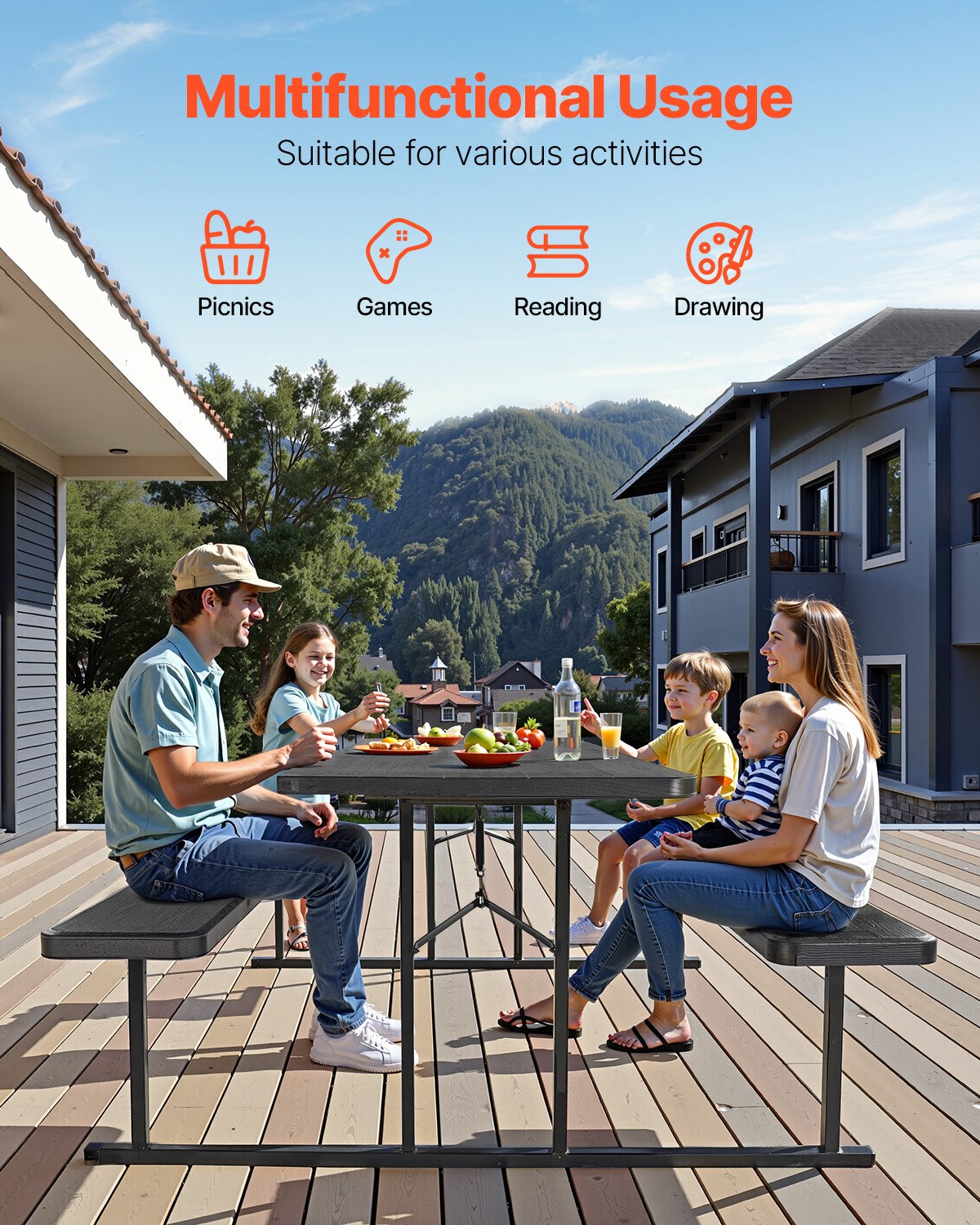 VEVOR Folding Picnic Table (150 kg Load Capacity Tabletop) with 2 Benches, Steel Outdoor Bench Set with Parasol Hole, Foldable Portable Dining Table for Patio, Garden, Yard, Pool (Black)