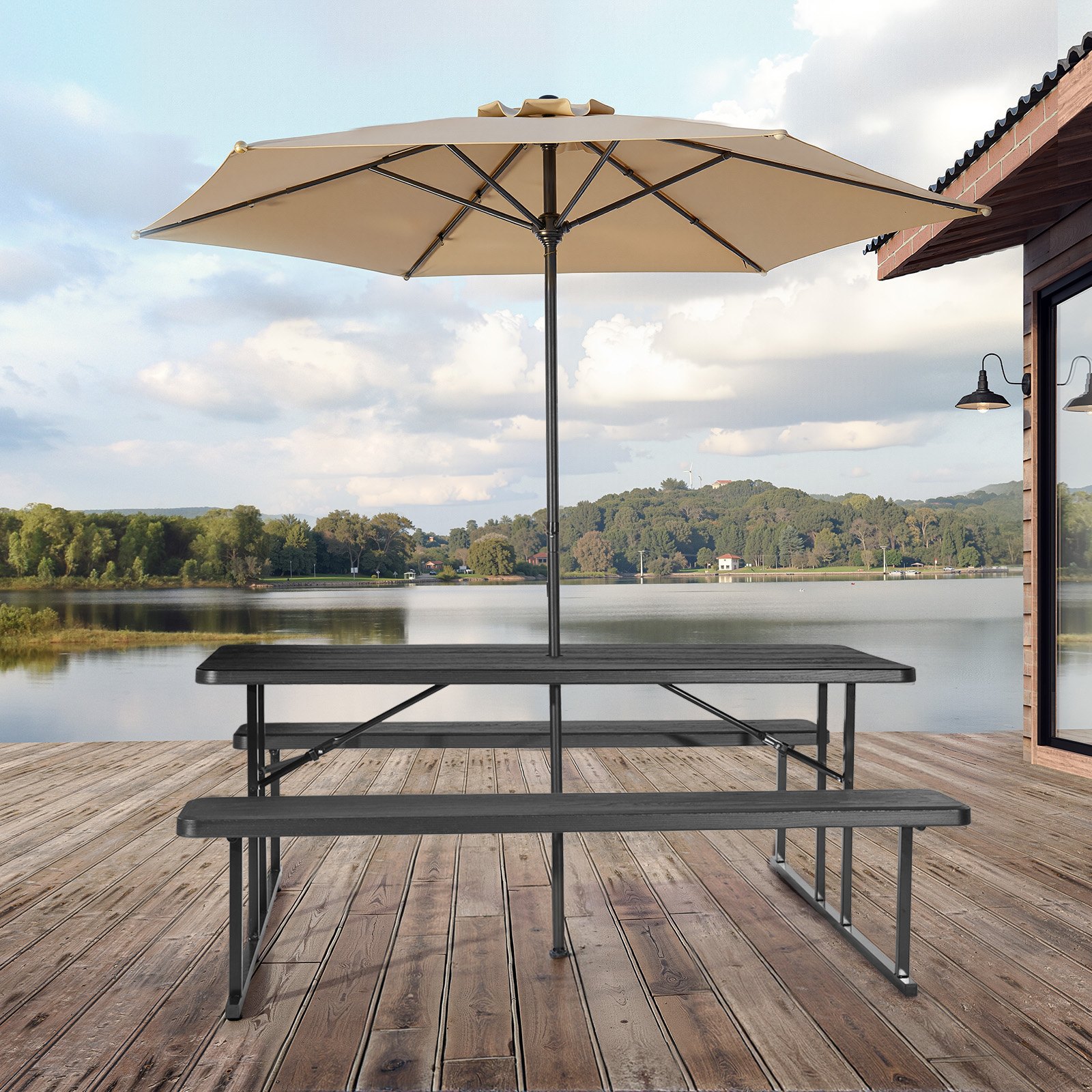 VEVOR Folding Picnic Table (150 kg Load Capacity Tabletop) with 2 Benches, Steel Outdoor Bench Set with Parasol Hole, Foldable Portable Dining Table for Patio, Garden, Yard, Pool (Black)