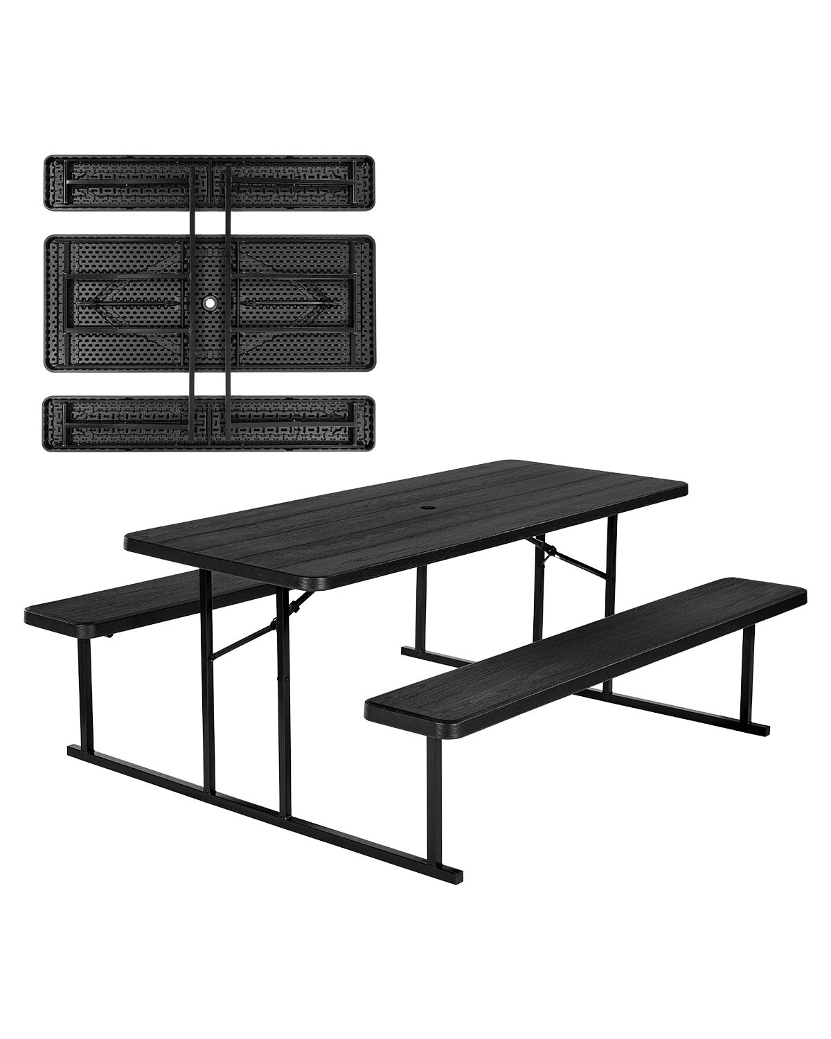 VEVOR Folding Picnic Table (150 kg Load Capacity Tabletop) with 2 Benches, Steel Outdoor Bench Set with Parasol Hole, Foldable Portable Dining Table for Patio, Garden, Yard, Pool (Black)