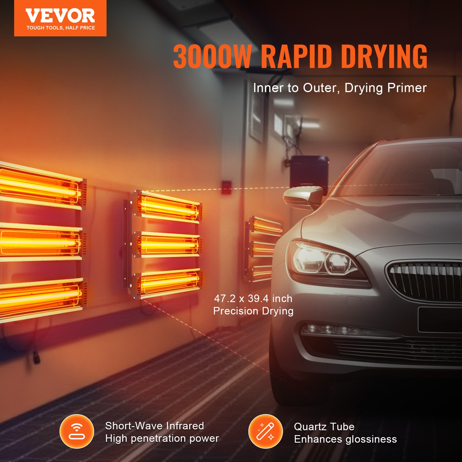 VEVOR Lámpara de Secado de Pintura 3000 W  2 Piezas Secado Rápido 220 V Cobertura de 120 x 100 cm Cuadrados para Cabinas de Pulverización/Horneado, para Pintura Automotriz, 54 x 30 cm, 8000 Horas