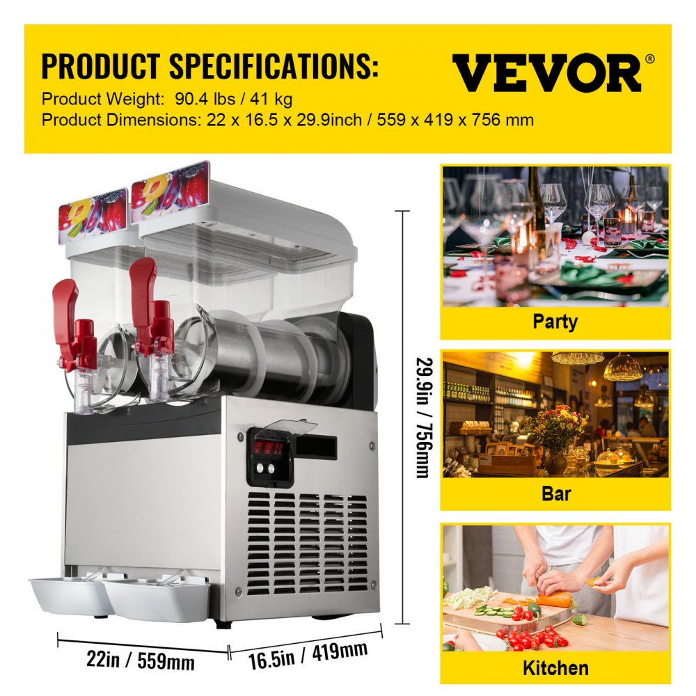 VEVOR Máquina de Batidos 30 L(15L*2), Máquina de Granizado de Bebidas Congeladas, Material de Grado Alimenticio, Máquina De Fusión De Nieve, Temperatura -2℃~-3℃  para Uso Comercial y Doméstico 400 W