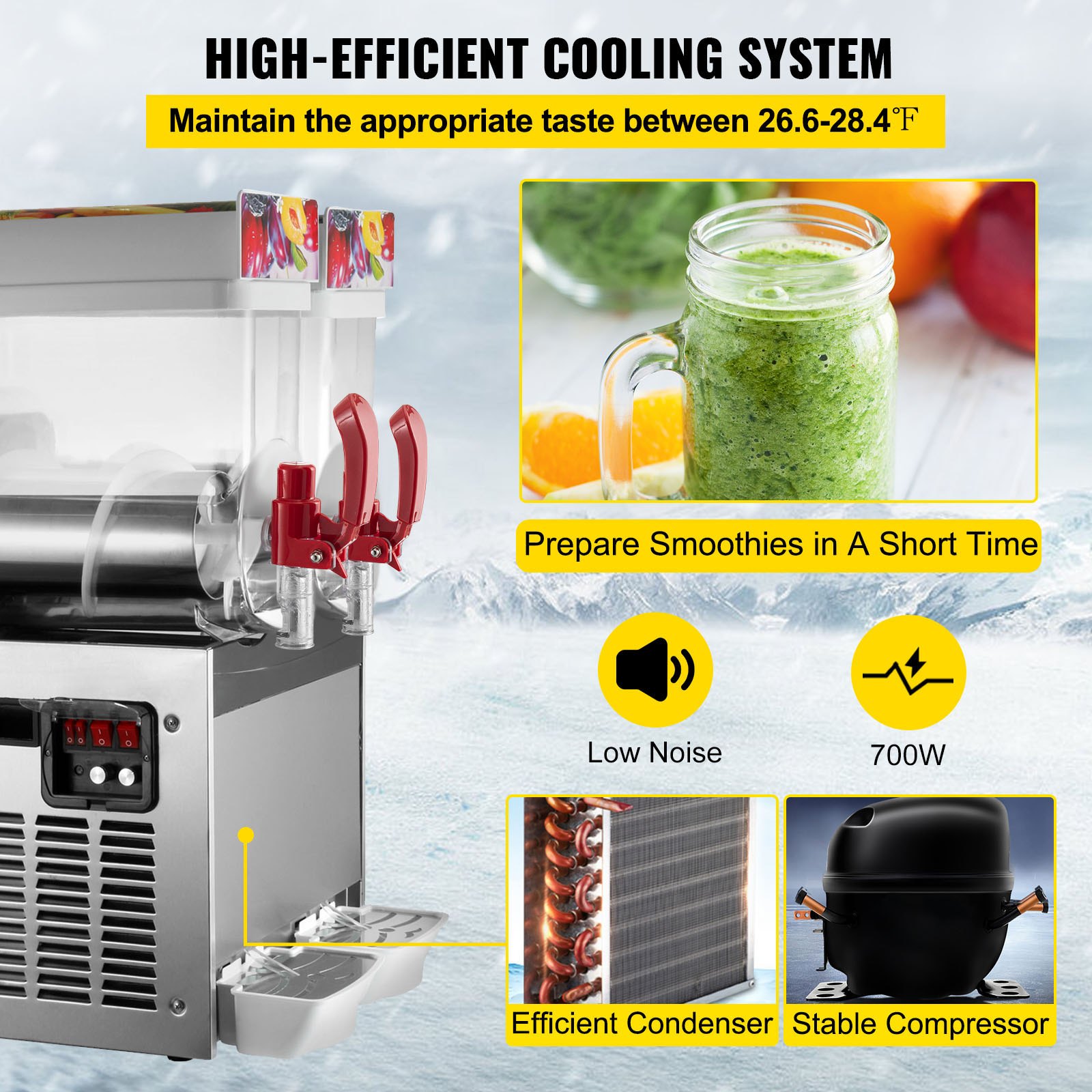VEVOR Máquina de Batidos 30 L(15L*2), Máquina de Granizado de Bebidas Congeladas, Material de Grado Alimenticio, Máquina De Fusión De Nieve, Temperatura -2℃~-3℃  para Uso Comercial y Doméstico 400 W