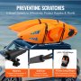 Portaequipajes de techo para kayak VEVOR con kayaks naranjas asegurados a un automóvil mediante arandelas, revestimiento suave y correas largas.