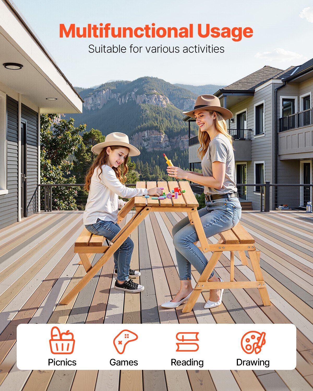 VEVOR Mesa de Pícnic Intercambiable Transformable Juego de Mesa y Banco de Madera para Exterior Banco Plegable Portátil con Hueco para Sombrilla Muebles de Comedor para Jardín, Porche, Marrón