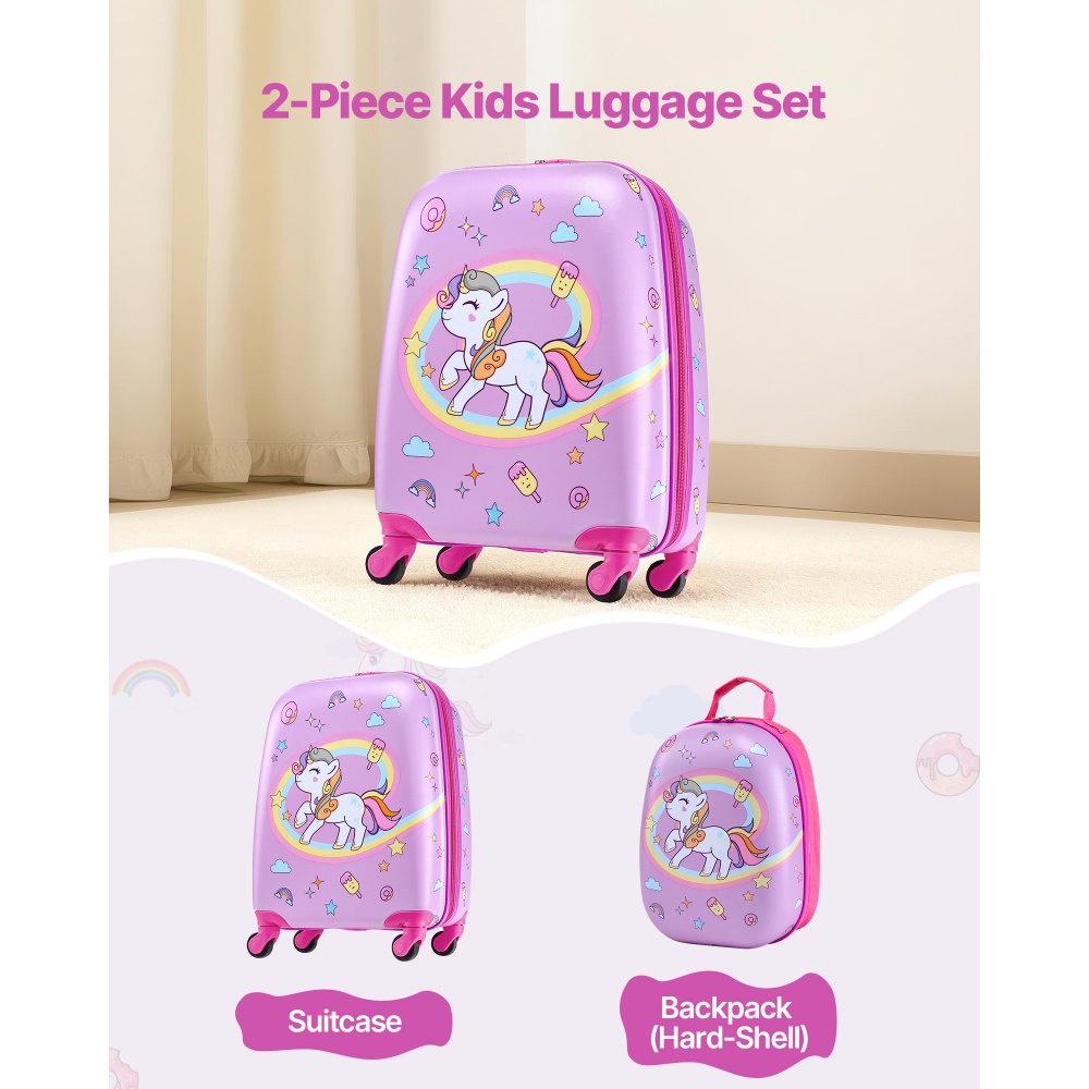 VEVOR Juego de Maletas para Niños 2 Piezas, Maleta de Cabina con Ruedas 45,7 cm Mochila de Carcasa Dura, Patrón Unicornio Rosado, Equipaje Infantil para Escuela Viaje Camping, Aprobado por Aerolíneas