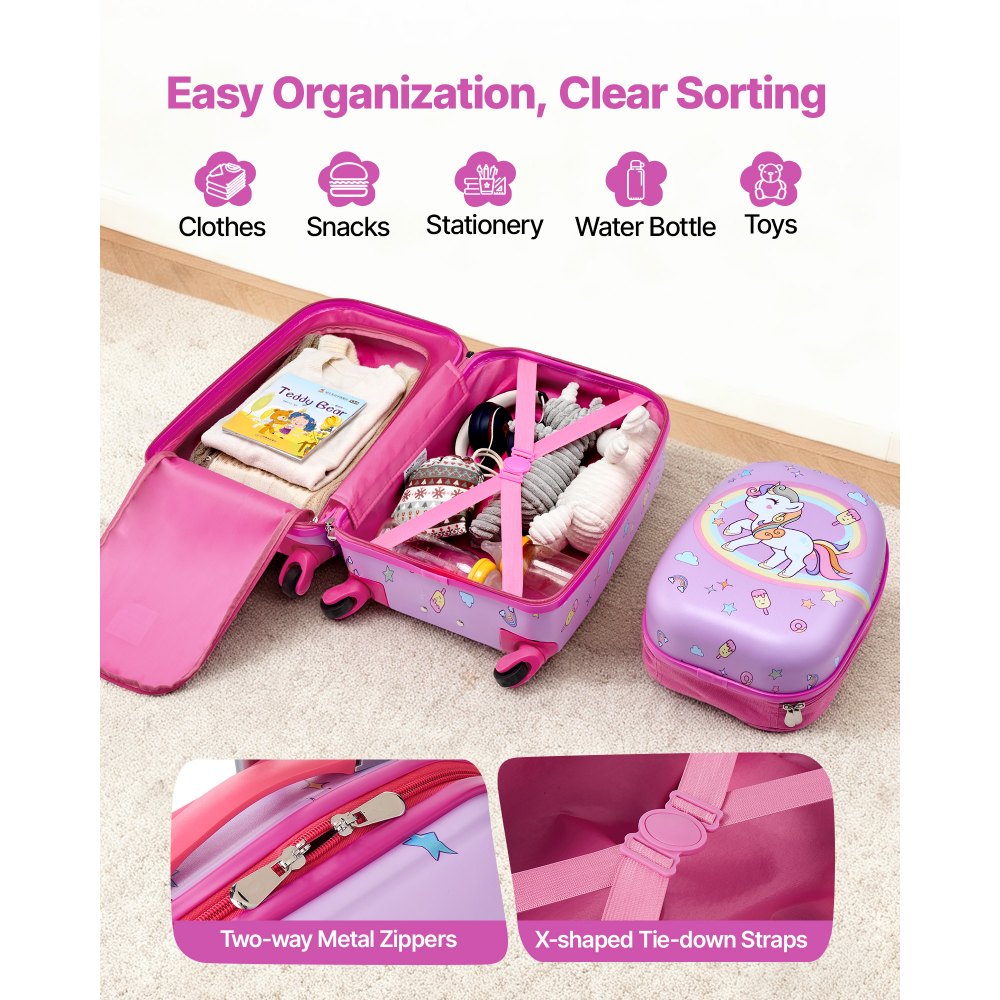 VEVOR Juego de Maletas para Niños 2 Piezas, Maleta de Cabina con Ruedas 45,7 cm Mochila de Carcasa Dura, Patrón Unicornio Rosado, Equipaje Infantil para Escuela Viaje Camping, Aprobado por Aerolíneas