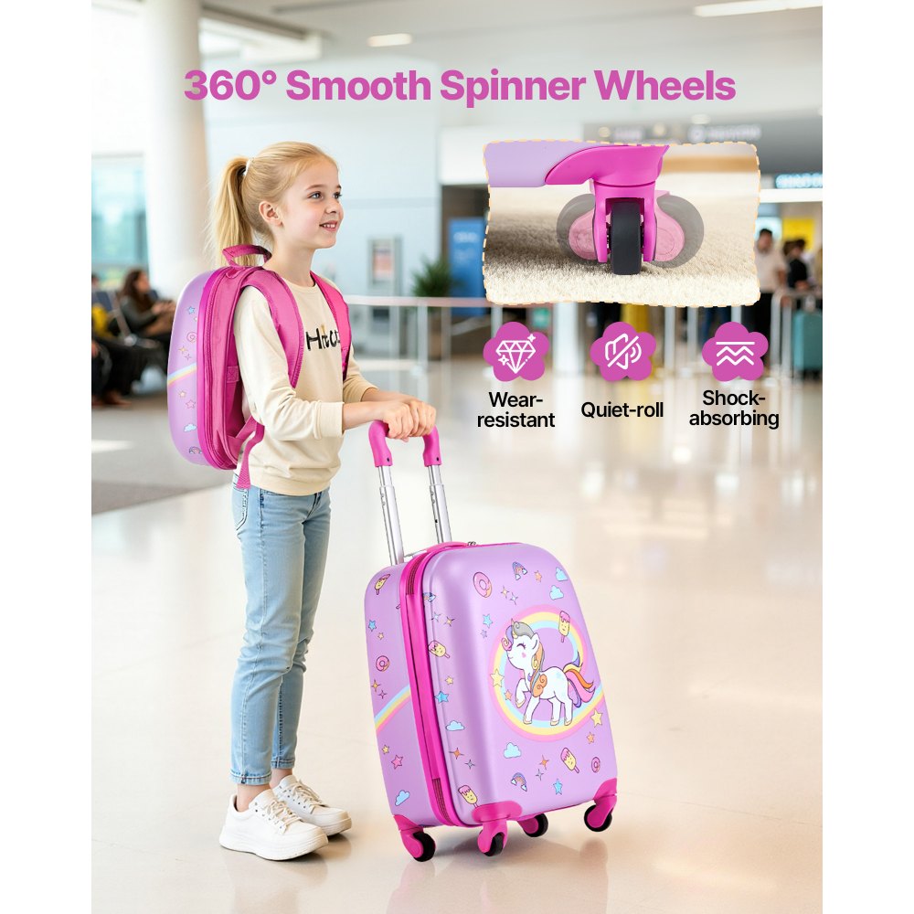VEVOR Juego de Maletas para Niños 2 Piezas, Maleta de Cabina con Ruedas 45,7 cm Mochila de Carcasa Dura, Patrón Unicornio Rosado, Equipaje Infantil para Escuela Viaje Camping, Aprobado por Aerolíneas