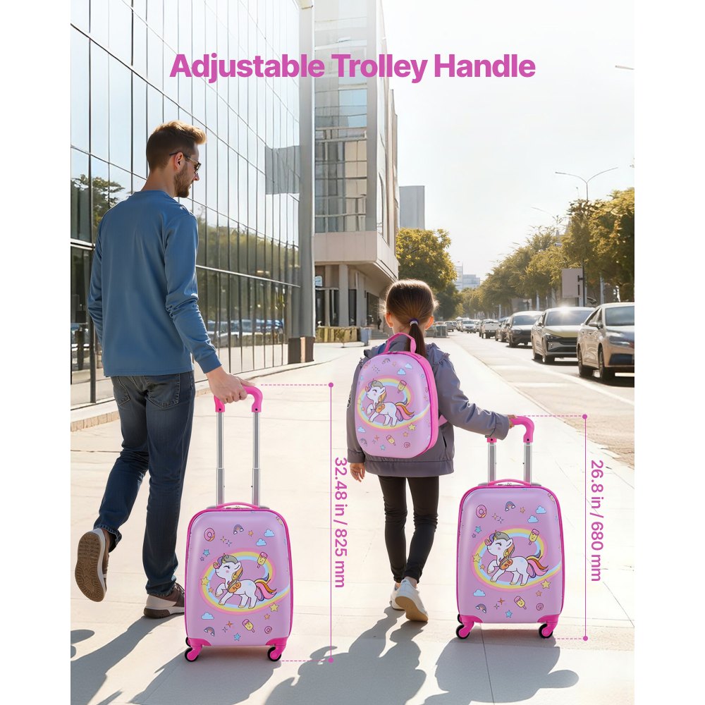 VEVOR Juego de Maletas para Niños 2 Piezas, Maleta de Cabina con Ruedas 45,7 cm Mochila de Carcasa Dura, Patrón Unicornio Rosado, Equipaje Infantil para Escuela Viaje Camping, Aprobado por Aerolíneas