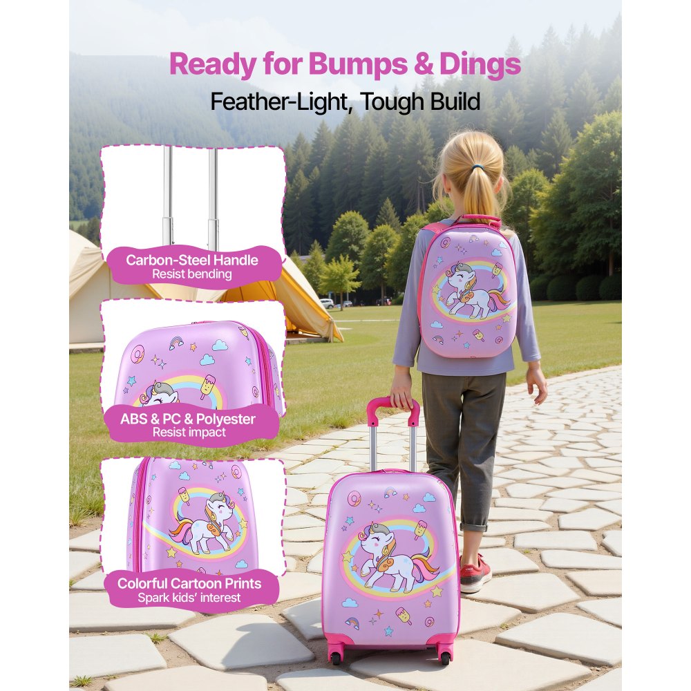 VEVOR Juego de Maletas para Niños 2 Piezas, Maleta de Cabina con Ruedas 45,7 cm Mochila de Carcasa Dura, Patrón Unicornio Rosado, Equipaje Infantil para Escuela Viaje Camping, Aprobado por Aerolíneas