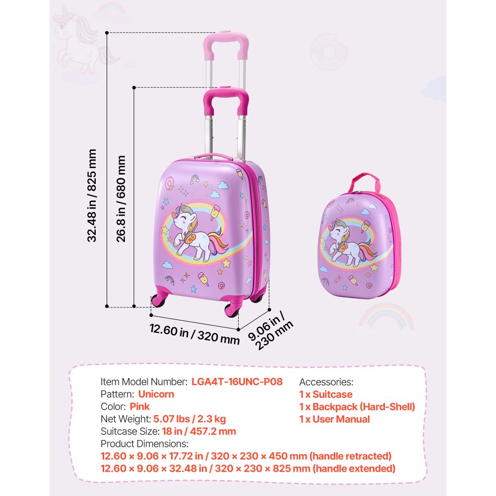 VEVOR Juego de Maletas para Niños 2 Piezas, Maleta de Cabina con Ruedas 45,7 cm Mochila de Carcasa Dura, Patrón Unicornio Rosado, Equipaje Infantil para Escuela Viaje Camping, Aprobado por Aerolíneas