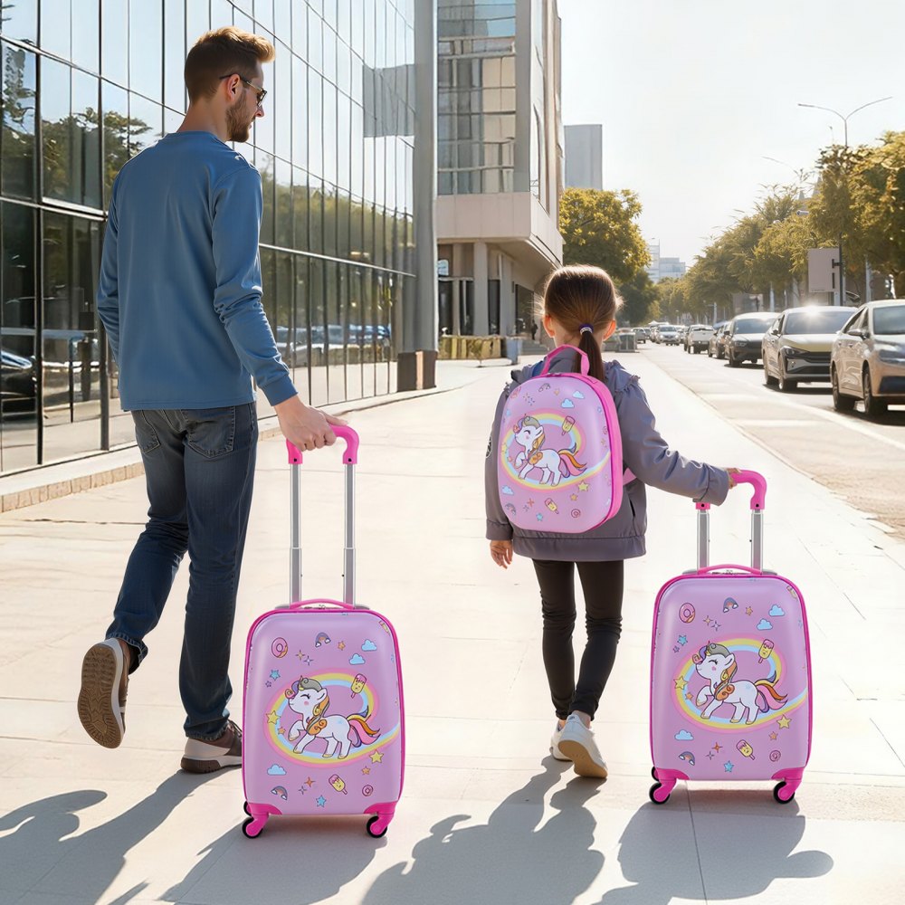VEVOR Juego de Maletas para Niños 2 Piezas, Maleta de Cabina con Ruedas 45,7 cm Mochila de Carcasa Dura, Patrón Unicornio Rosado, Equipaje Infantil para Escuela Viaje Camping, Aprobado por Aerolíneas
