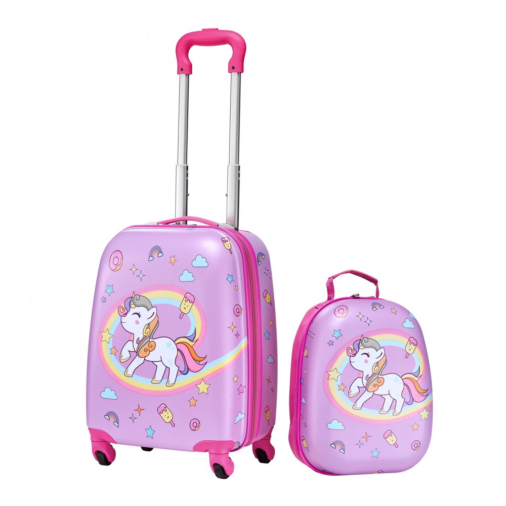 VEVOR Juego de Maletas para Niños 2 Piezas, Maleta de Cabina con Ruedas 45,7 cm Mochila de Carcasa Dura, Patrón Unicornio Rosado, Equipaje Infantil para Escuela Viaje Camping, Aprobado por Aerolíneas