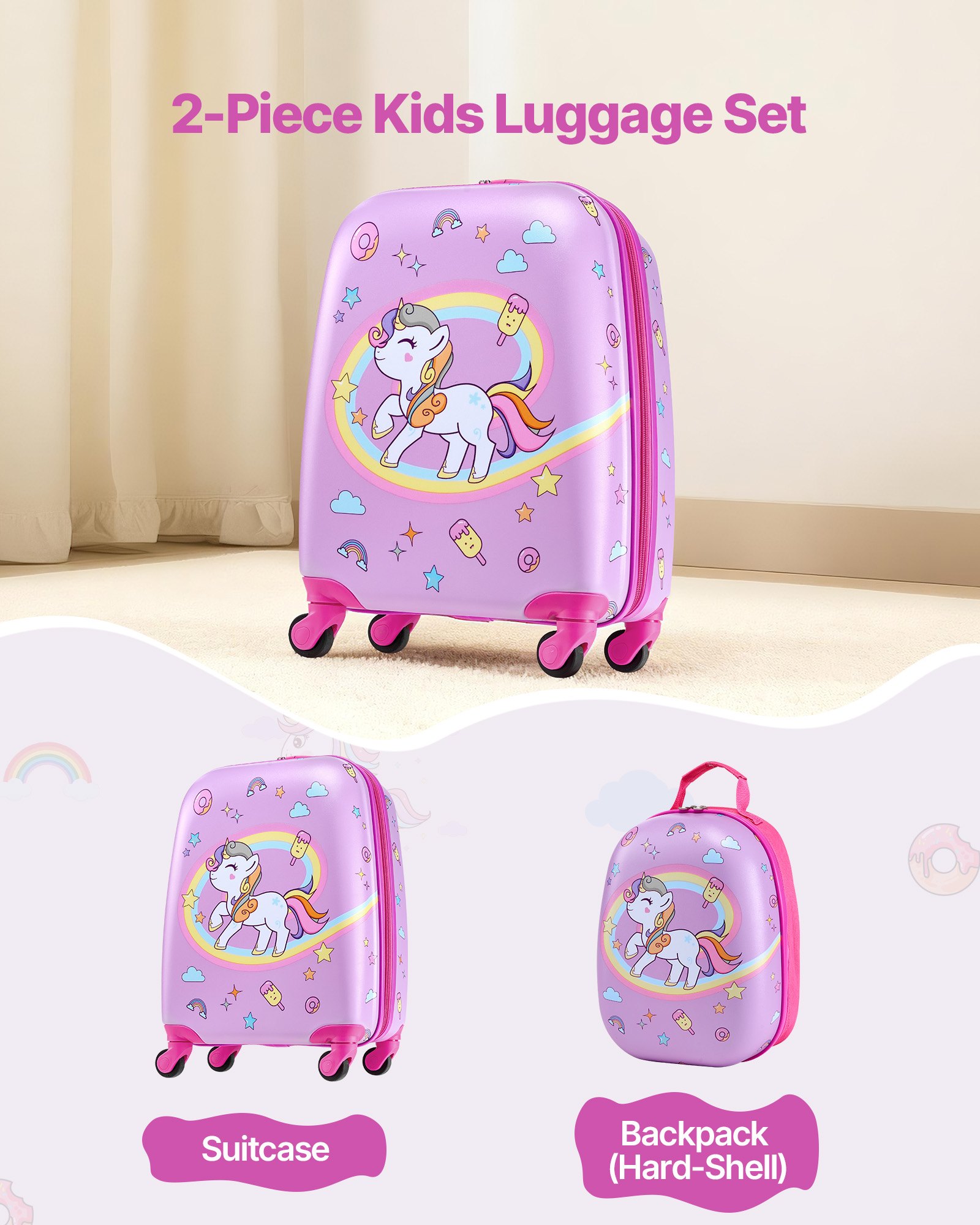 VEVOR Juego de Maletas para Niños 2 Piezas, Maleta de Cabina con Ruedas 45,7 cm Mochila de Carcasa Dura, Patrón Unicornio Rosado, Equipaje Infantil para Escuela Viaje Camping, Aprobado por Aerolíneas