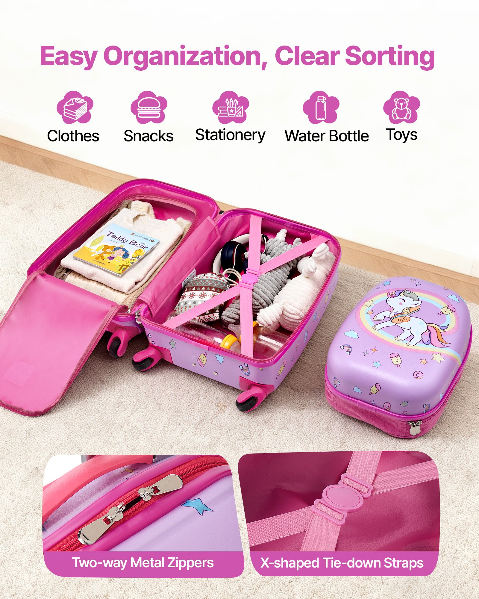 VEVOR Juego de Maletas para Niños 2 Piezas, Maleta de Cabina con Ruedas 45,7 cm Mochila de Carcasa Dura, Patrón Unicornio Rosado, Equipaje Infantil para Escuela Viaje Camping, Aprobado por Aerolíneas