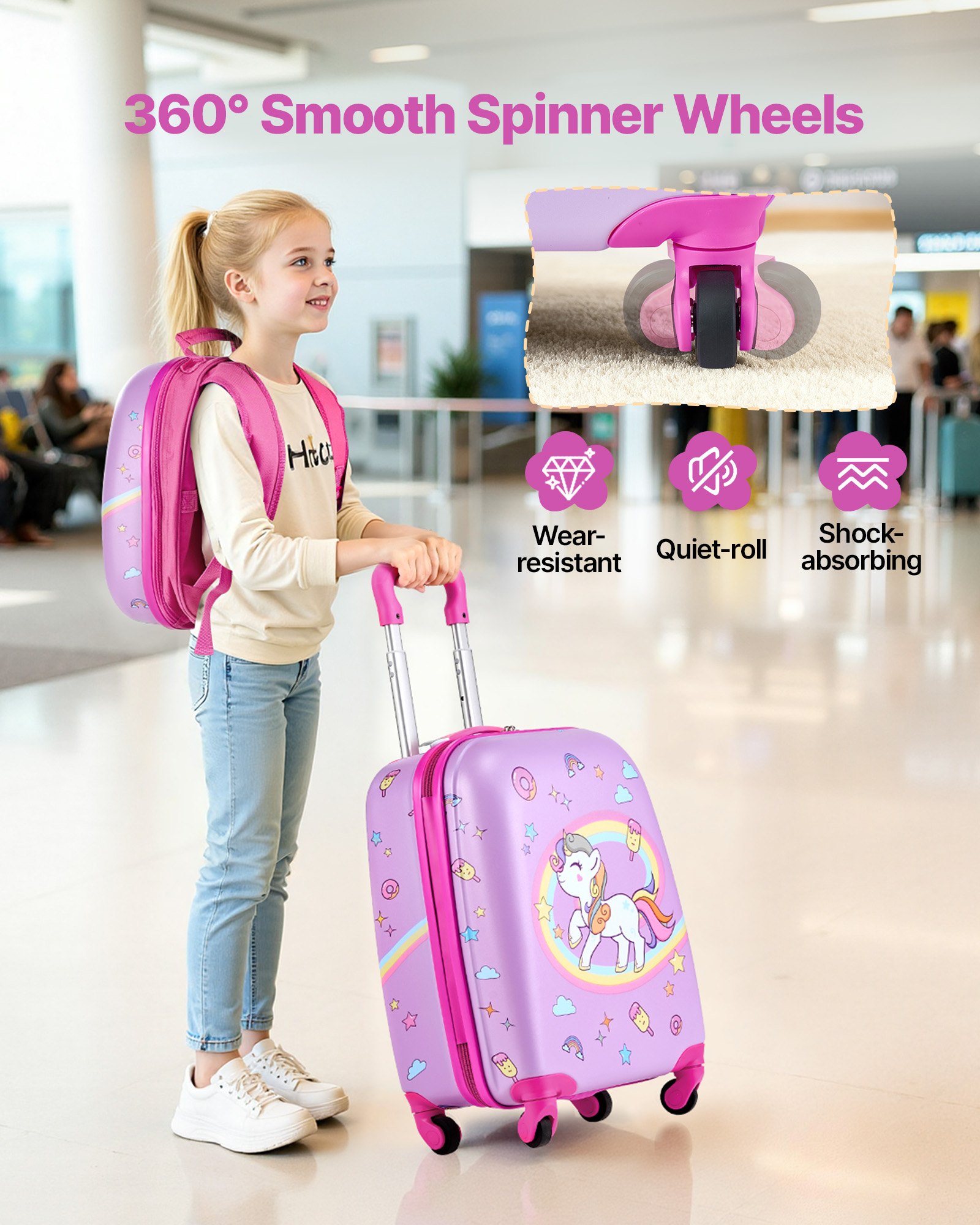VEVOR Juego de Maletas para Niños 2 Piezas, Maleta de Cabina con Ruedas 45,7 cm Mochila de Carcasa Dura, Patrón Unicornio Rosado, Equipaje Infantil para Escuela Viaje Camping, Aprobado por Aerolíneas