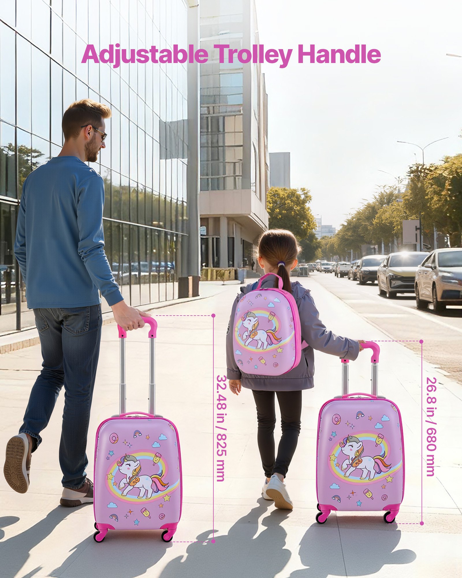 VEVOR Juego de Maletas para Niños 2 Piezas, Maleta de Cabina con Ruedas 45,7 cm Mochila de Carcasa Dura, Patrón Unicornio Rosado, Equipaje Infantil para Escuela Viaje Camping, Aprobado por Aerolíneas