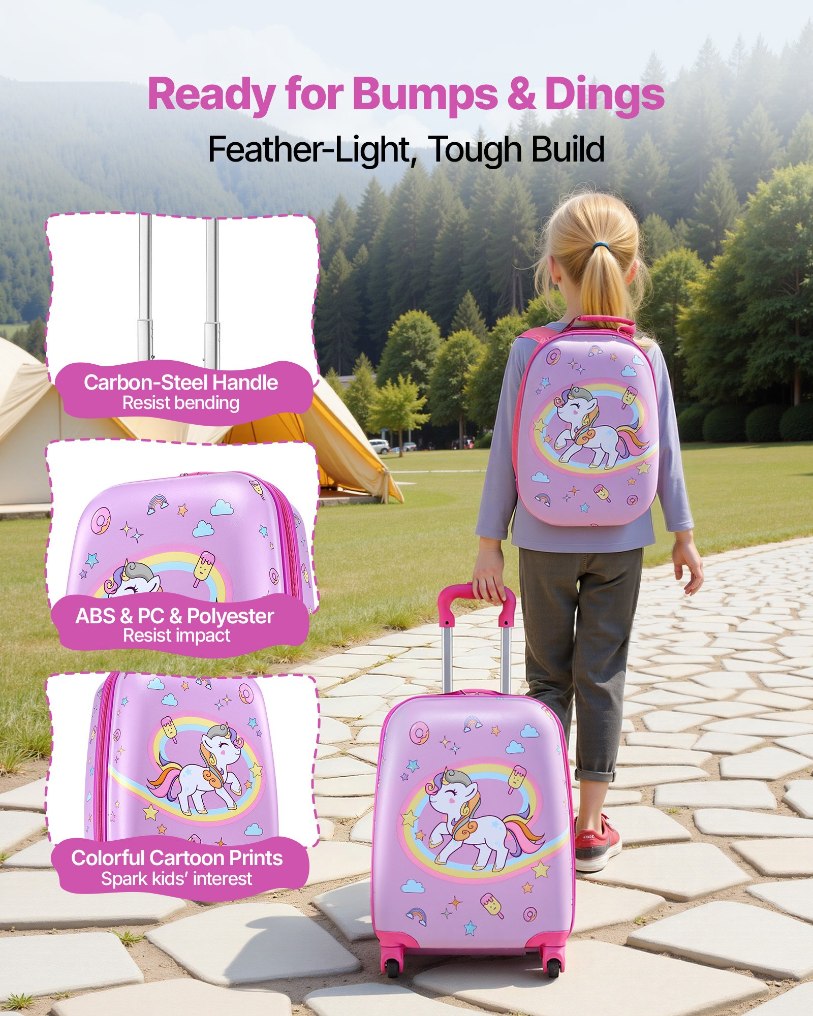 VEVOR Juego de Maletas para Niños 2 Piezas, Maleta de Cabina con Ruedas 45,7 cm Mochila de Carcasa Dura, Patrón Unicornio Rosado, Equipaje Infantil para Escuela Viaje Camping, Aprobado por Aerolíneas