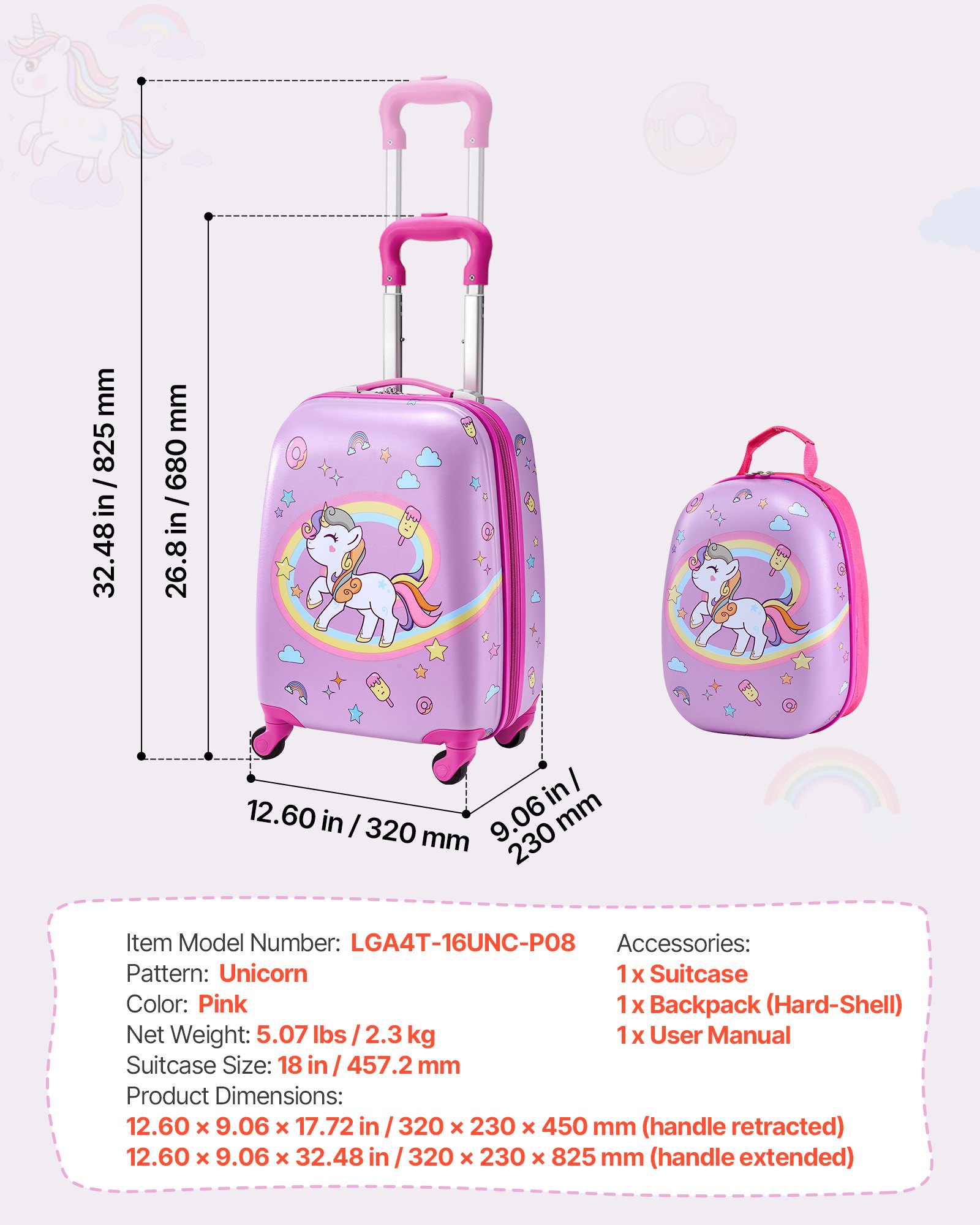 VEVOR Juego de Maletas para Niños 2 Piezas, Maleta de Cabina con Ruedas 45,7 cm Mochila de Carcasa Dura, Patrón Unicornio Rosado, Equipaje Infantil para Escuela Viaje Camping, Aprobado por Aerolíneas