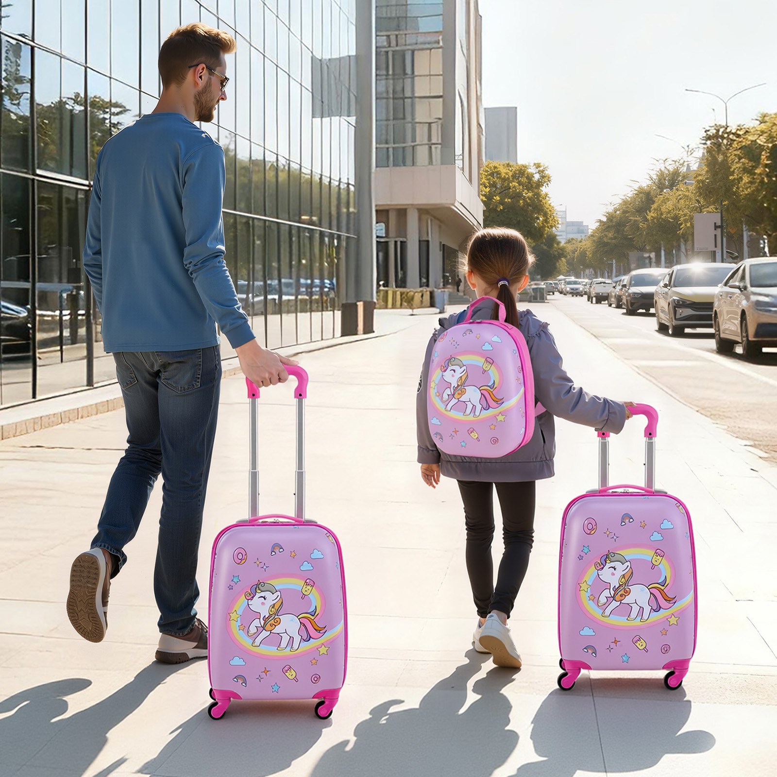 VEVOR Juego de Maletas para Niños 2 Piezas, Maleta de Cabina con Ruedas 45,7 cm Mochila de Carcasa Dura, Patrón Unicornio Rosado, Equipaje Infantil para Escuela Viaje Camping, Aprobado por Aerolíneas