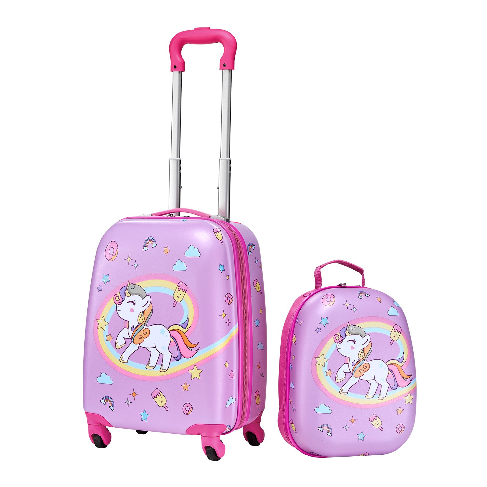 VEVOR Juego de Maletas para Niños 2 Piezas, Maleta de Cabina con Ruedas 45,7 cm Mochila de Carcasa Dura, Patrón Unicornio Rosado, Equipaje Infantil para Escuela Viaje Camping, Aprobado por Aerolíneas