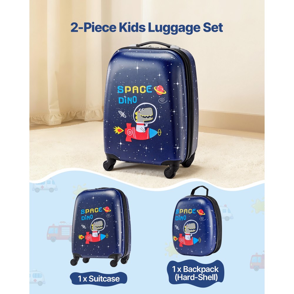 VEVOR Juego de Maletas Infantiles 2 Piezas, Maleta de Cabina con Ruedas 45,7 cm, Mochila de Carcasa Dura, Dinosaurio Azul Marino, Equipaje Infantil para Escuela Viaje Camping, Aprobado por Aerolíneas