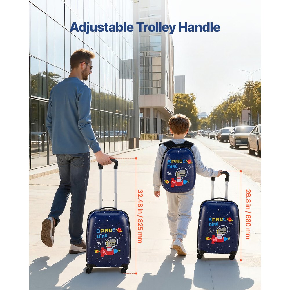 VEVOR Juego de Maletas Infantiles 2 Piezas, Maleta de Cabina con Ruedas 45,7 cm, Mochila de Carcasa Dura, Dinosaurio Azul Marino, Equipaje Infantil para Escuela Viaje Camping, Aprobado por Aerolíneas