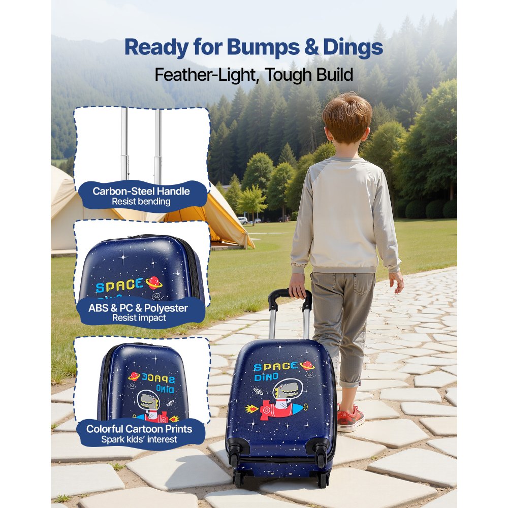 VEVOR Juego de Maletas Infantiles 2 Piezas, Maleta de Cabina con Ruedas 45,7 cm, Mochila de Carcasa Dura, Dinosaurio Azul Marino, Equipaje Infantil para Escuela Viaje Camping, Aprobado por Aerolíneas