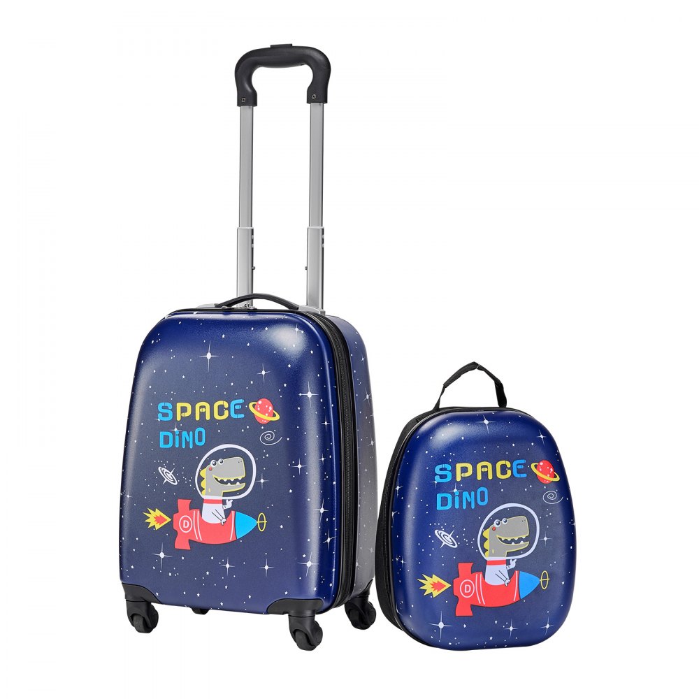 VEVOR Juego de Maletas Infantiles 2 Piezas, Maleta de Cabina con Ruedas 45,7 cm, Mochila de Carcasa Dura, Dinosaurio Azul Marino, Equipaje Infantil para Escuela Viaje Camping, Aprobado por Aerolíneas