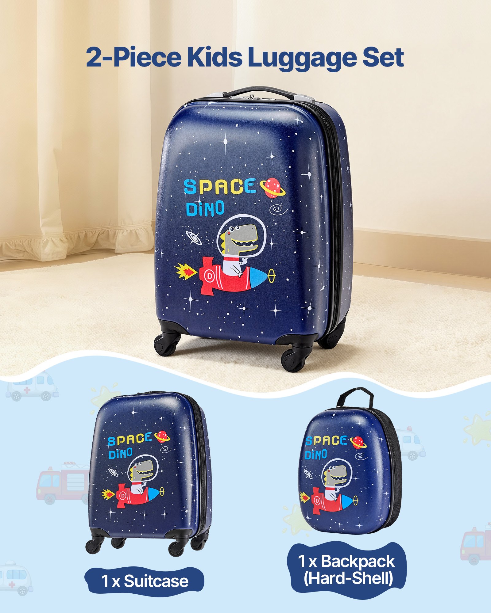 VEVOR Juego de Maletas Infantiles 2 Piezas, Maleta de Cabina con Ruedas 45,7 cm, Mochila de Carcasa Dura, Dinosaurio Azul Marino, Equipaje Infantil para Escuela Viaje Camping, Aprobado por Aerolíneas
