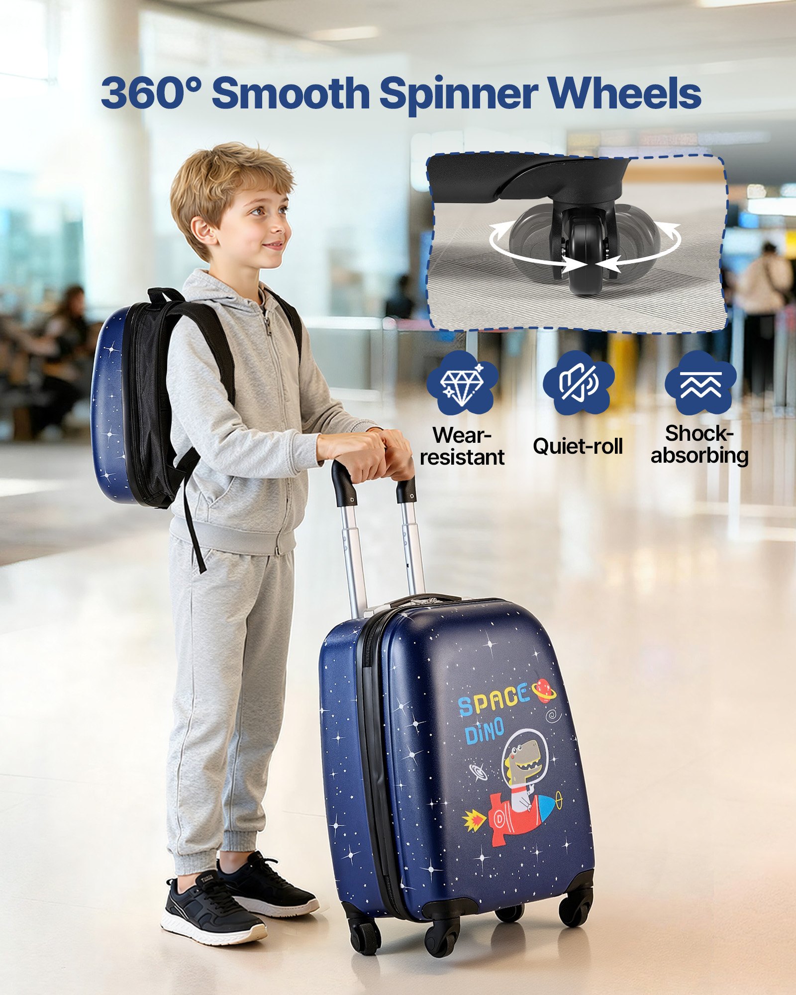 VEVOR Juego de Maletas Infantiles 2 Piezas, Maleta de Cabina con Ruedas 45,7 cm, Mochila de Carcasa Dura, Dinosaurio Azul Marino, Equipaje Infantil para Escuela Viaje Camping, Aprobado por Aerolíneas