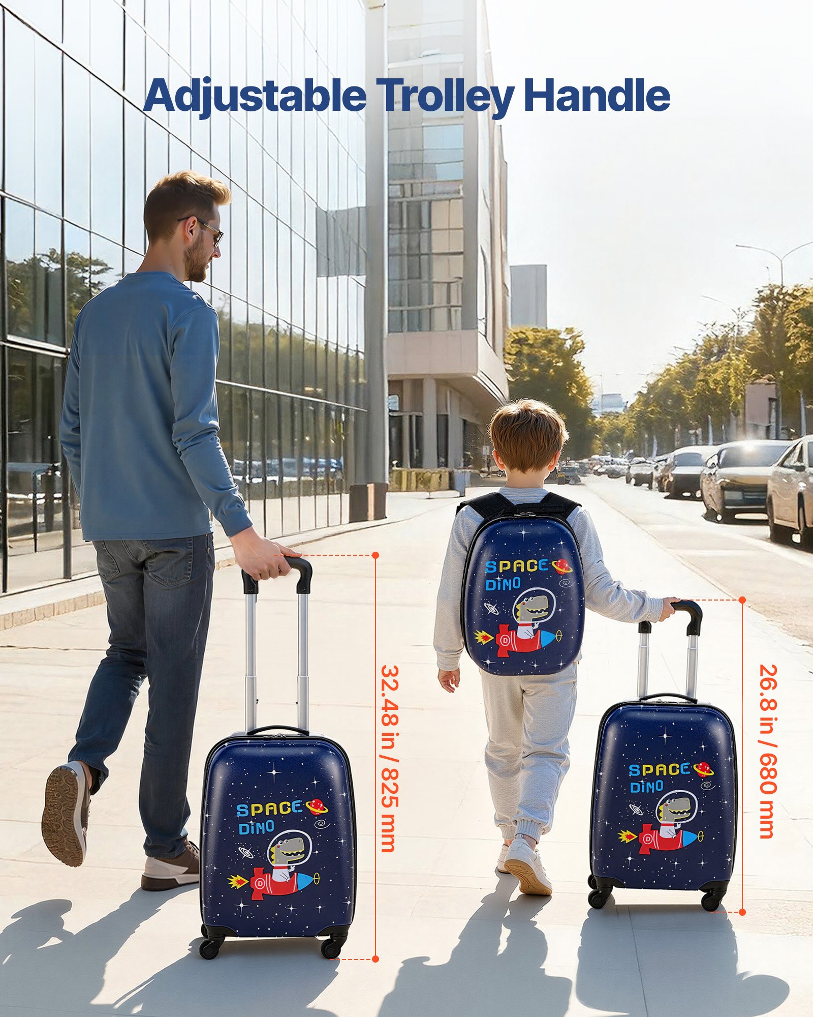 VEVOR Juego de Maletas Infantiles 2 Piezas, Maleta de Cabina con Ruedas 45,7 cm, Mochila de Carcasa Dura, Dinosaurio Azul Marino, Equipaje Infantil para Escuela Viaje Camping, Aprobado por Aerolíneas