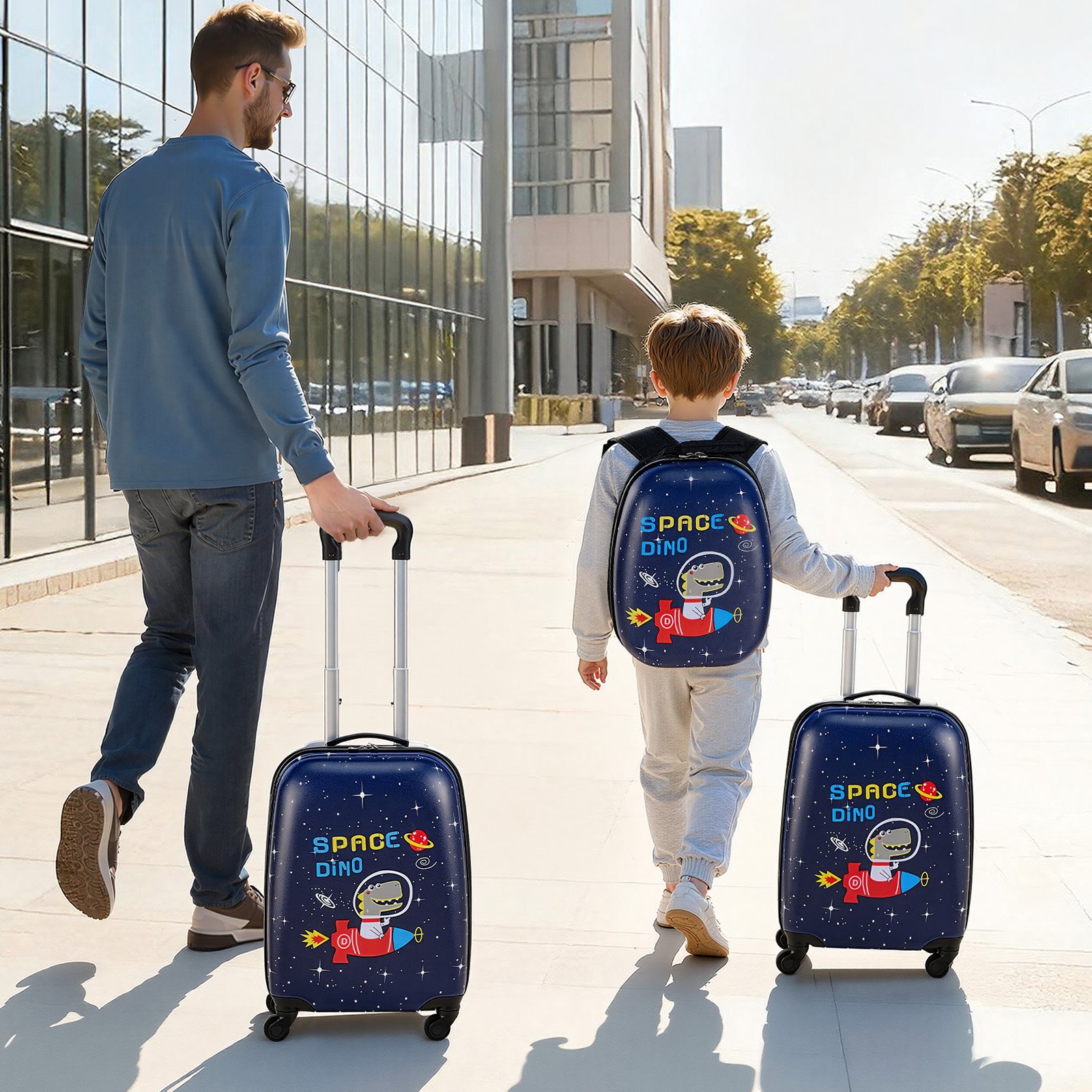 VEVOR Juego de Maletas Infantiles 2 Piezas, Maleta de Cabina con Ruedas 45,7 cm, Mochila de Carcasa Dura, Dinosaurio Azul Marino, Equipaje Infantil para Escuela Viaje Camping, Aprobado por Aerolíneas