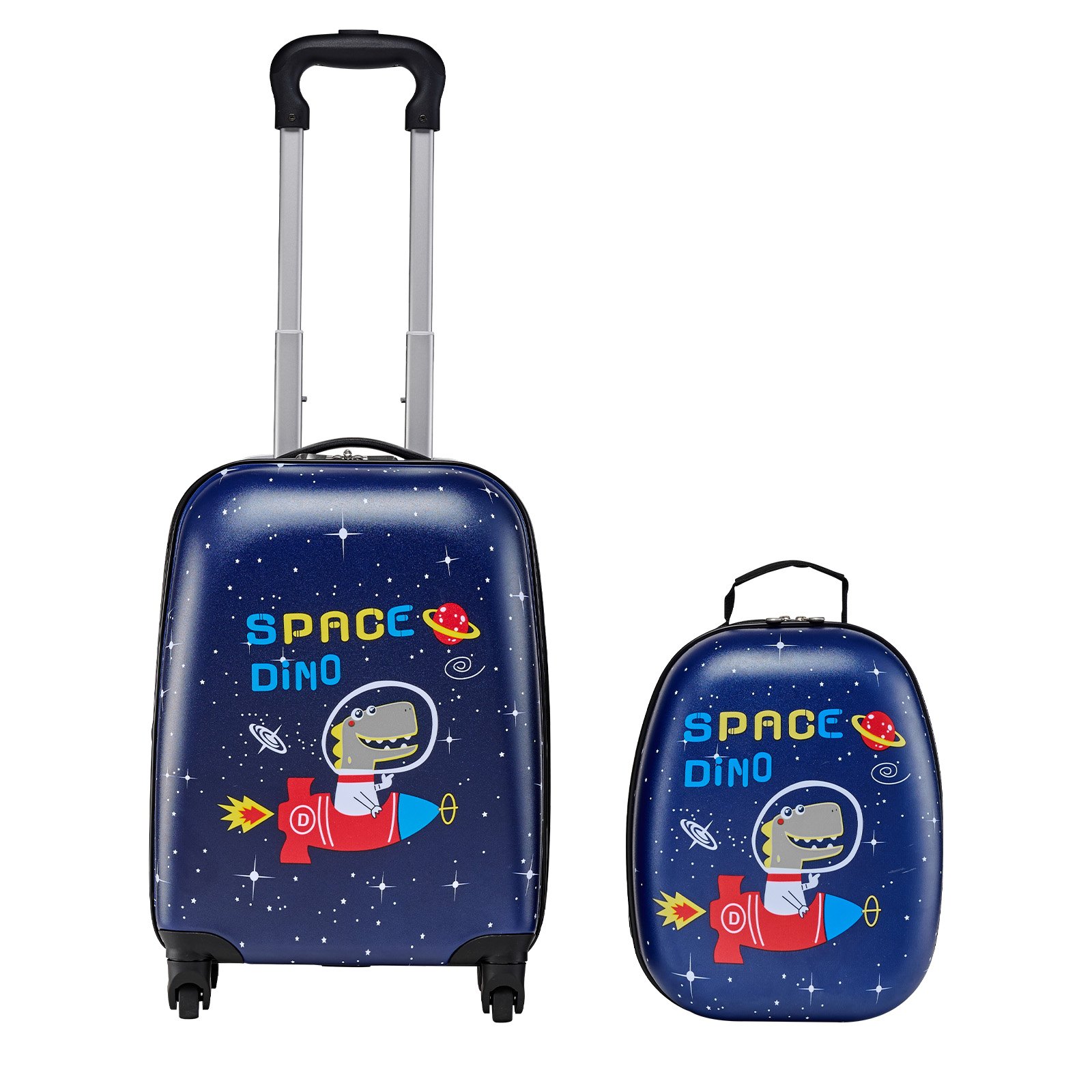 VEVOR Juego de Maletas Infantiles 2 Piezas, Maleta de Cabina con Ruedas 45,7 cm, Mochila de Carcasa Dura, Dinosaurio Azul Marino, Equipaje Infantil para Escuela Viaje Camping, Aprobado por Aerolíneas