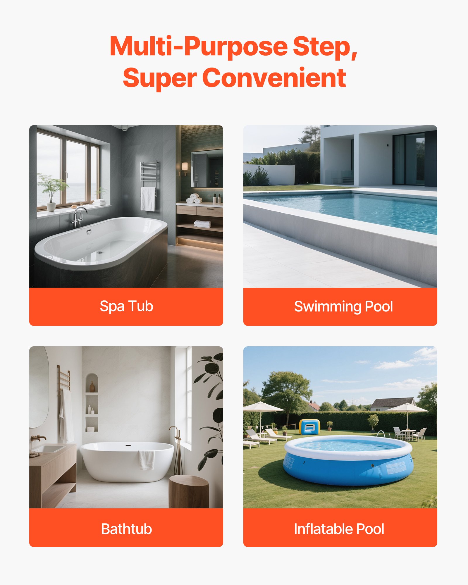 VEVOR Escalera de Piscina de 2 Peldaños para Bañera, con Sistema HIPS para Piscinas Elevadas/Inflables con Carga de 272,16 kg, Versátil para Porches, Patios y Autocaravanas, 635 x 540 x 380 mm