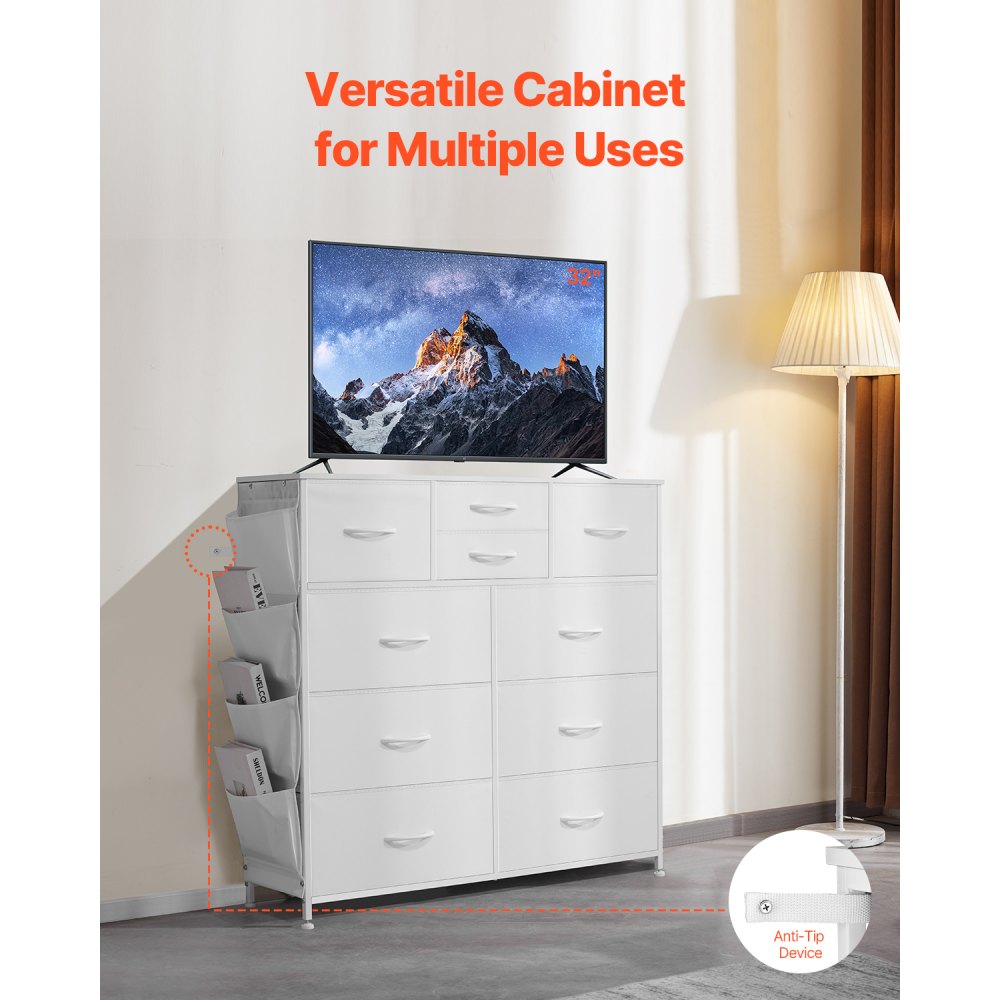 VEVOR Cómoda de 10 Cajones, Cómoda de Tela 1000 x 300 x 975 mm con Compartimentos de Tela, Tirador de Fácil Extracción y Estructura de Acero Resistente, Torre de Almacenamiento de Tela, Blanco