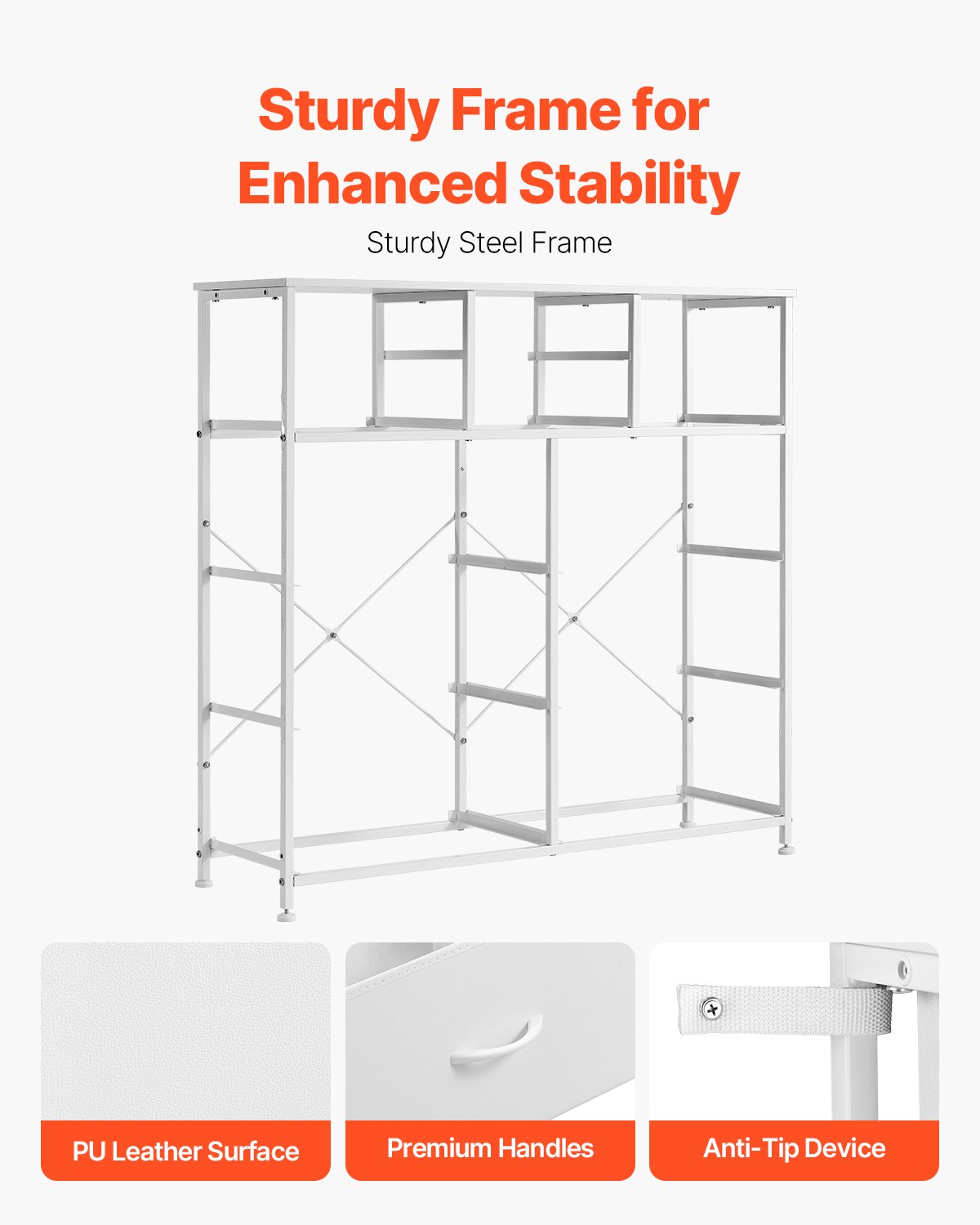 VEVOR Cómoda de 10 Cajones, Cómoda de Tela 1000 x 300 x 975 mm con Compartimentos de Tela, Tirador de Fácil Extracción y Estructura de Acero Resistente, Torre de Almacenamiento de Tela, Blanco