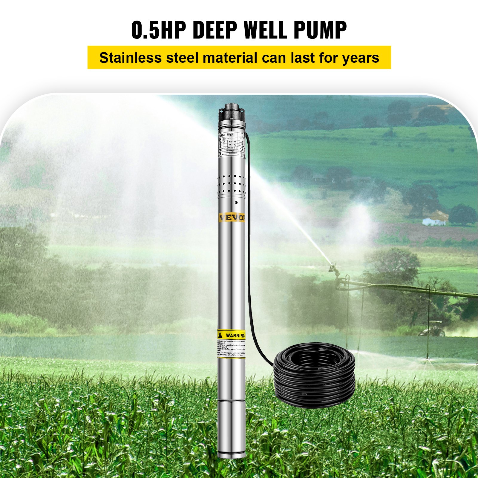 VEVOR Bomba Sumergible para Pozos Profundos de 1,800 L / h 370 KW, Bomba de Agua de Acero Inoxidable 304 con Cable de Conexión de 14 m 6,4 kg, Bomba de Agua para Pozos de 50 Hz 220 V con Altura 55 m