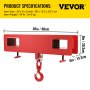 Gancho de elevación para carretilla elevadora VEVOR, 26 x 6 x 8 pulgadas, 54 libras, rojo con especificaciones y dimensiones.