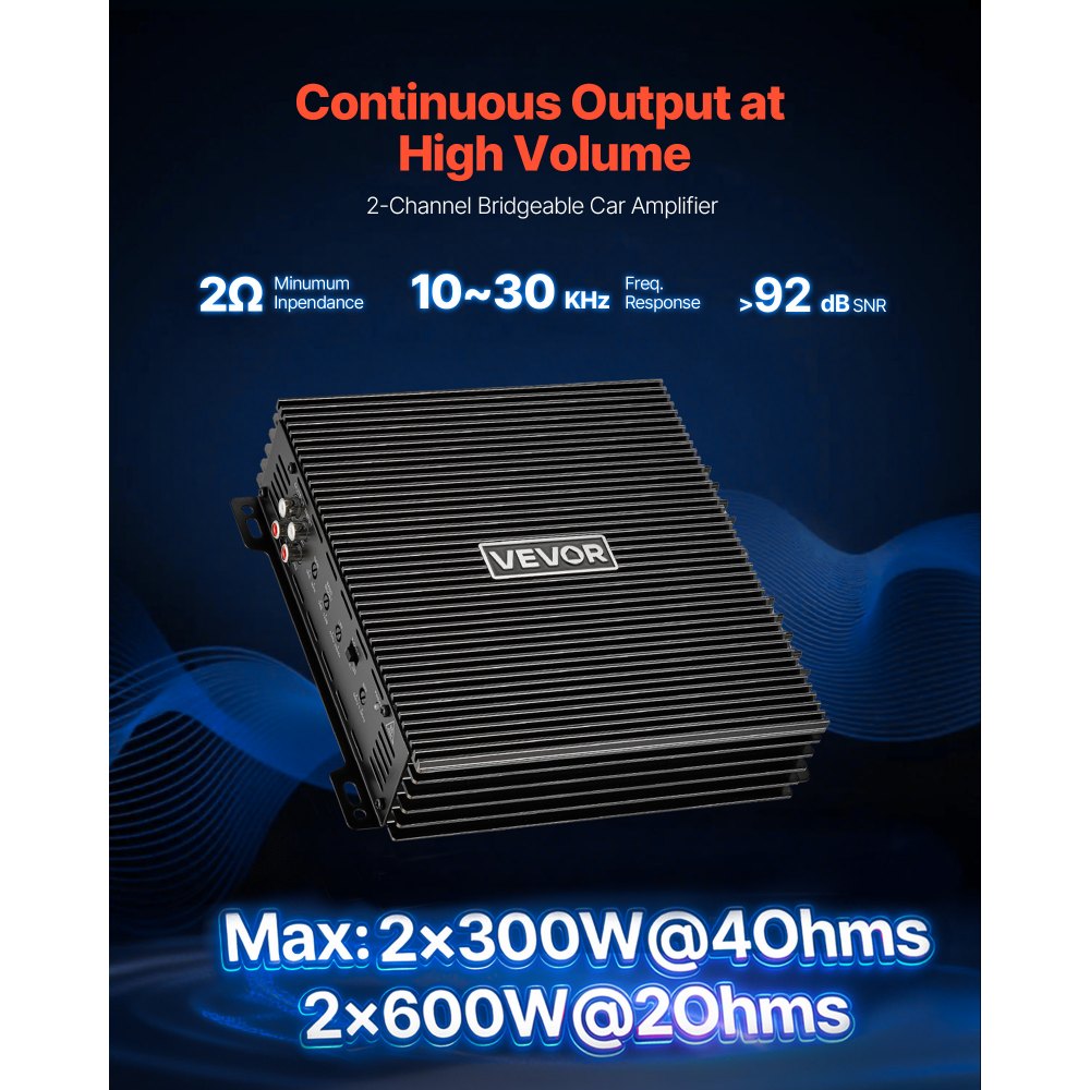VEVOR Amplificador para Automóvil 2 Canales Clase AB Máximo 2 x 300W a 4 ohmios y 2 x 600W a 2 ohmios, Amplificador Estéreo de Audio para Coche Puenteable para Vehículo Todoterreno Sedán SUV Camioneta