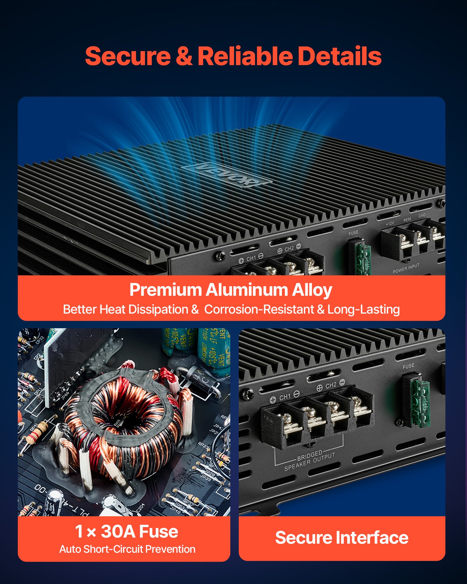 VEVOR Amplificador para Automóvil 2 Canales Clase AB Máximo 2 x 300W a 4 ohmios y 2 x 600W a 2 ohmios, Amplificador Estéreo de Audio para Coche Puenteable para Vehículo Todoterreno Sedán SUV Camioneta
