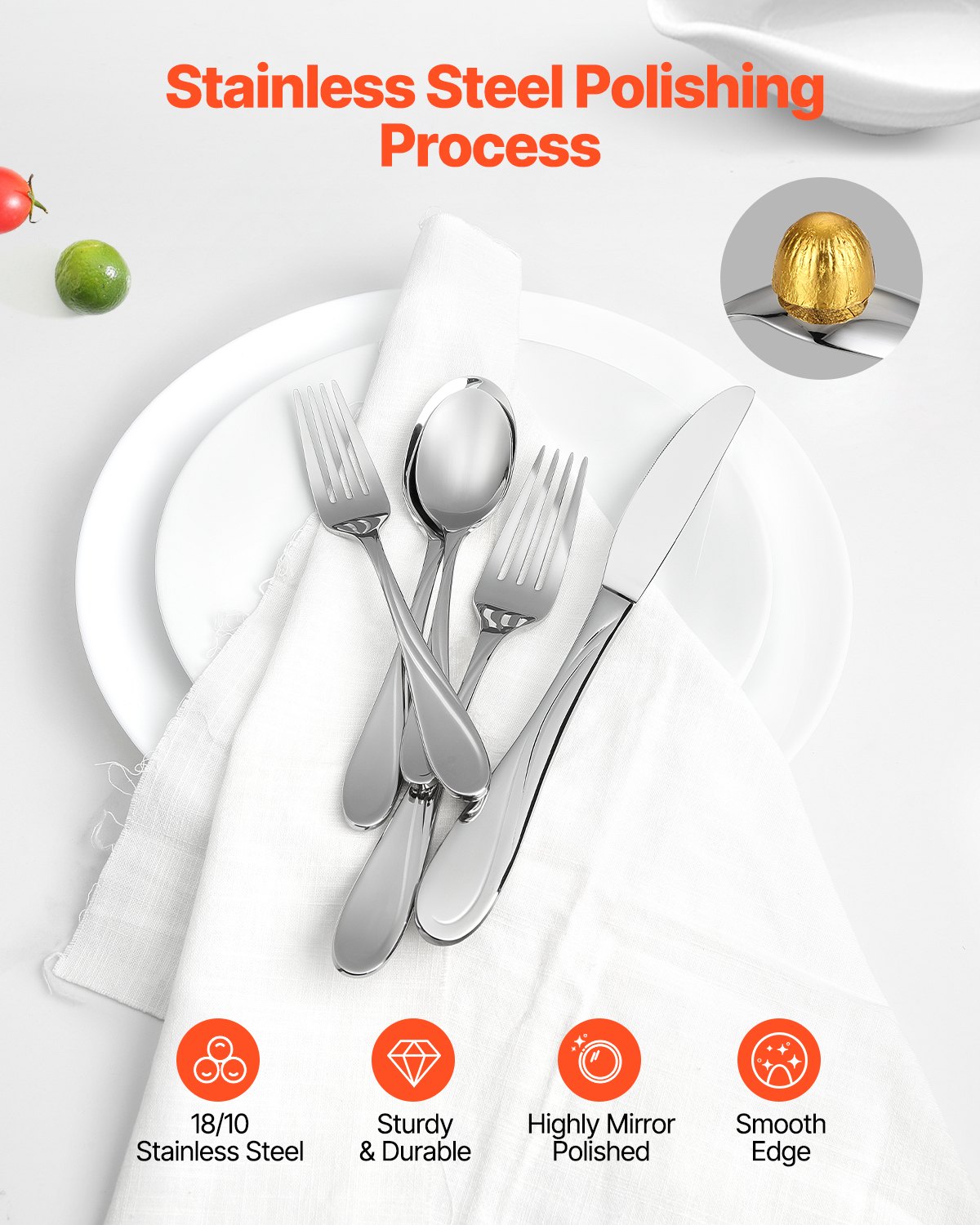 VEVOR 30-piece cutlery set made of food-grade stainless steel, high-gloss polished cutlery set, dishwasher-safe tableware for the kitchen, service for 6 people, including knife, fork, and spoon