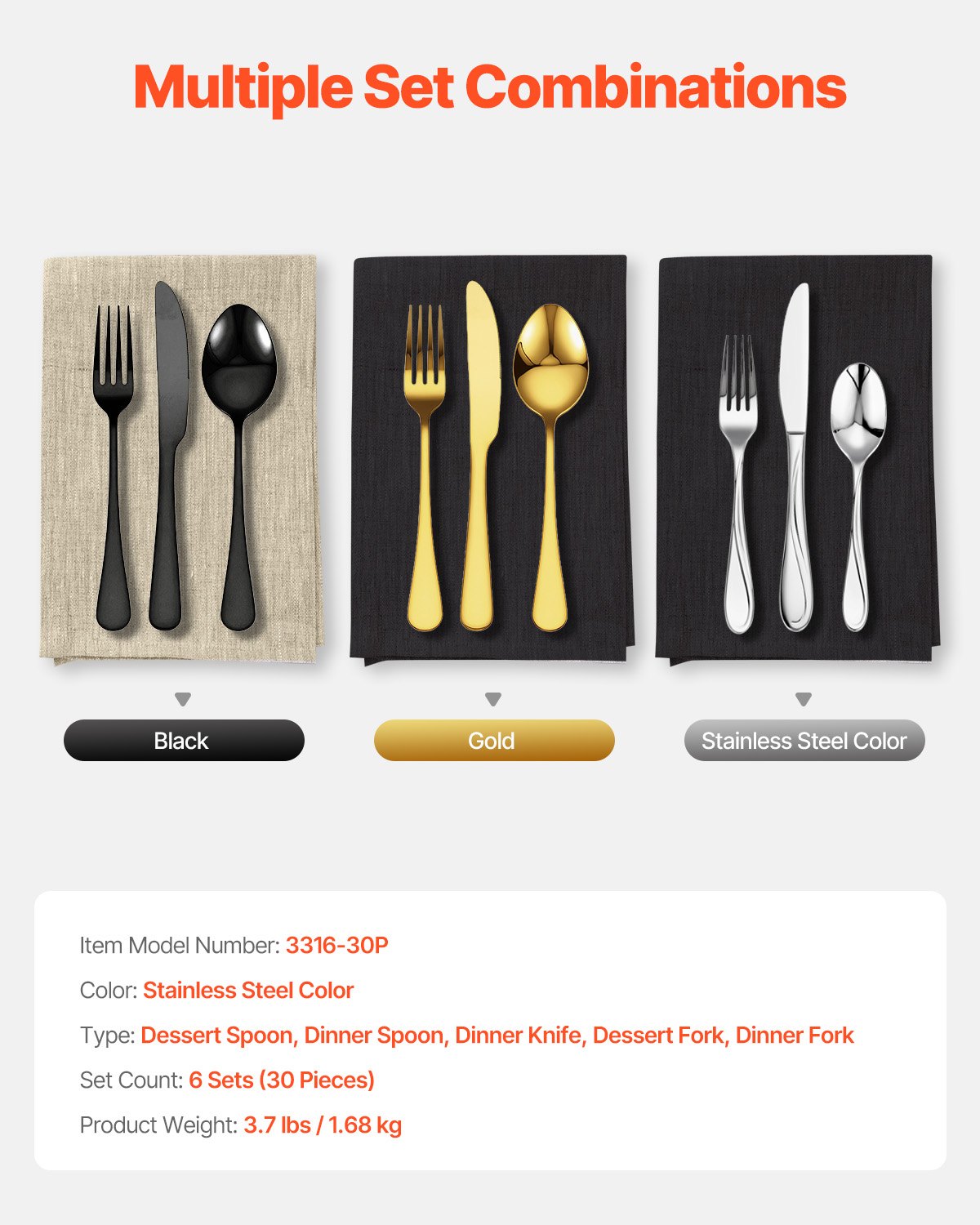 VEVOR 30-piece cutlery set made of food-grade stainless steel, high-gloss polished cutlery set, dishwasher-safe tableware for the kitchen, service for 6 people, including knife, fork, and spoon